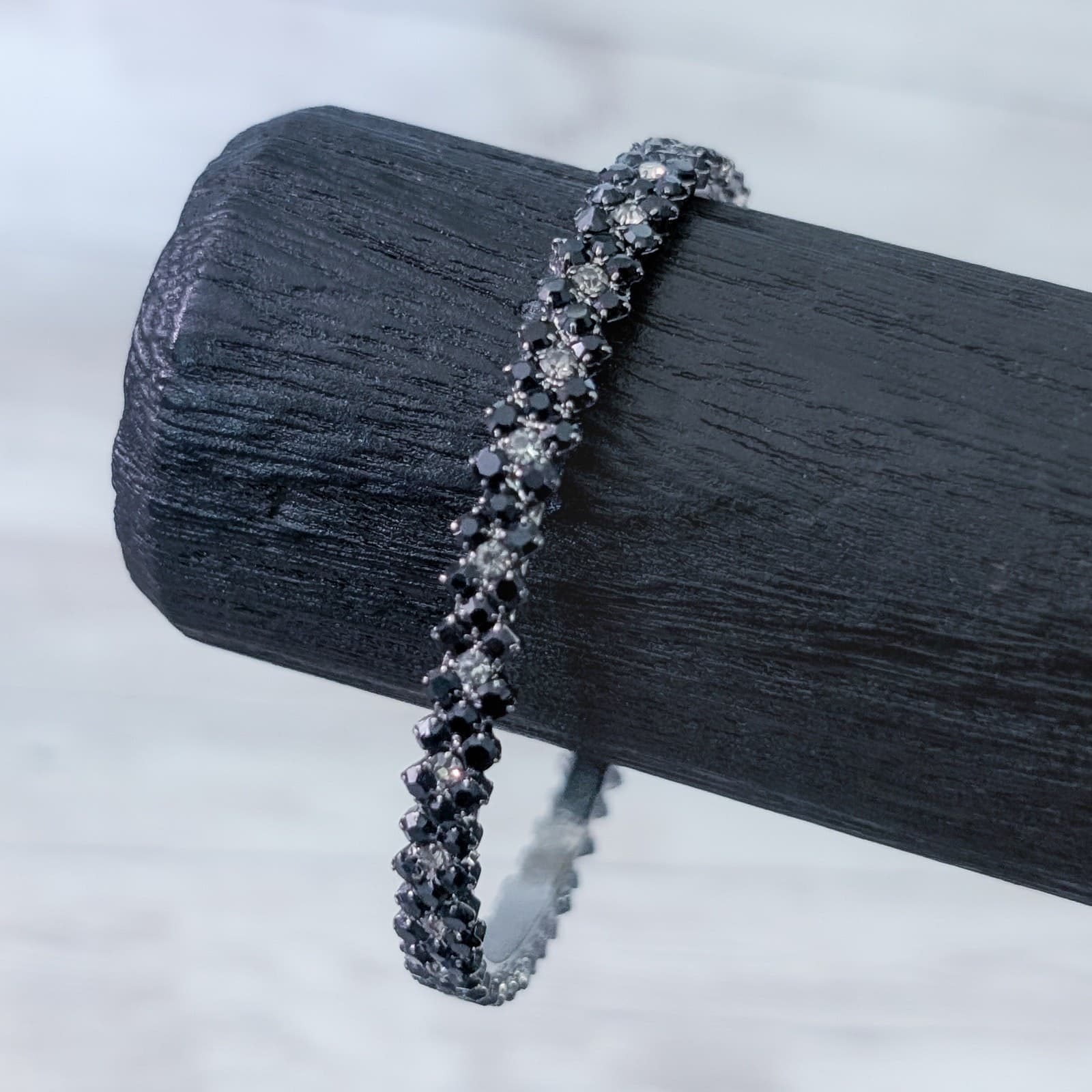 Vintage Bracelet Bangle Black & Clear Gems 7.25"