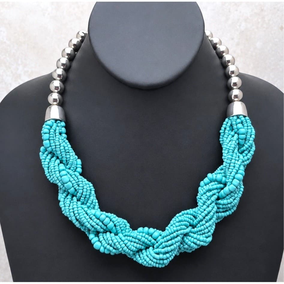 Turquoise Blue Tone Chunky Twisted Seed Bead and Silver Tone Statement Necklace