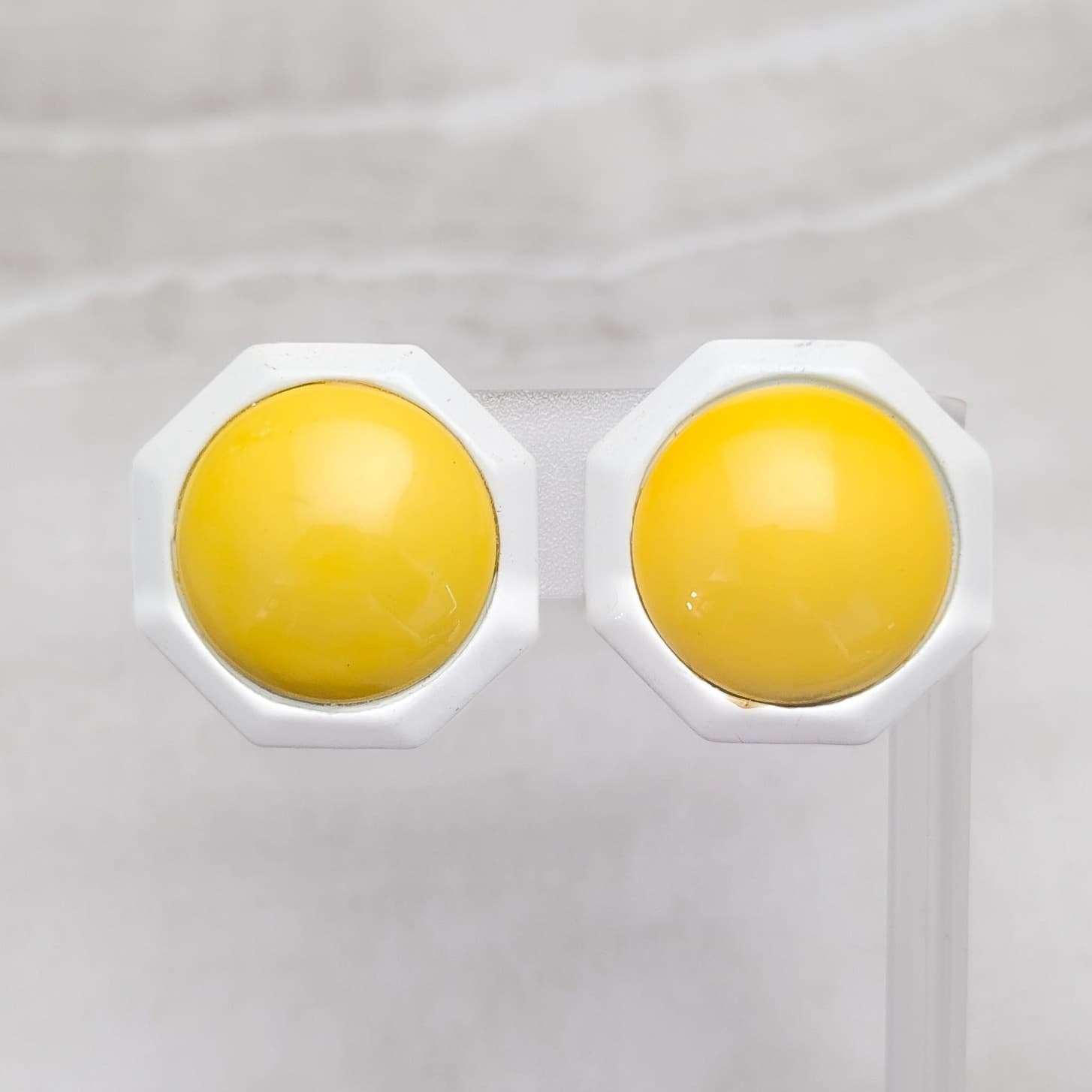 Vintage Clip On Earrings Large White & Yellow Octogen Retro Statement 1.25"