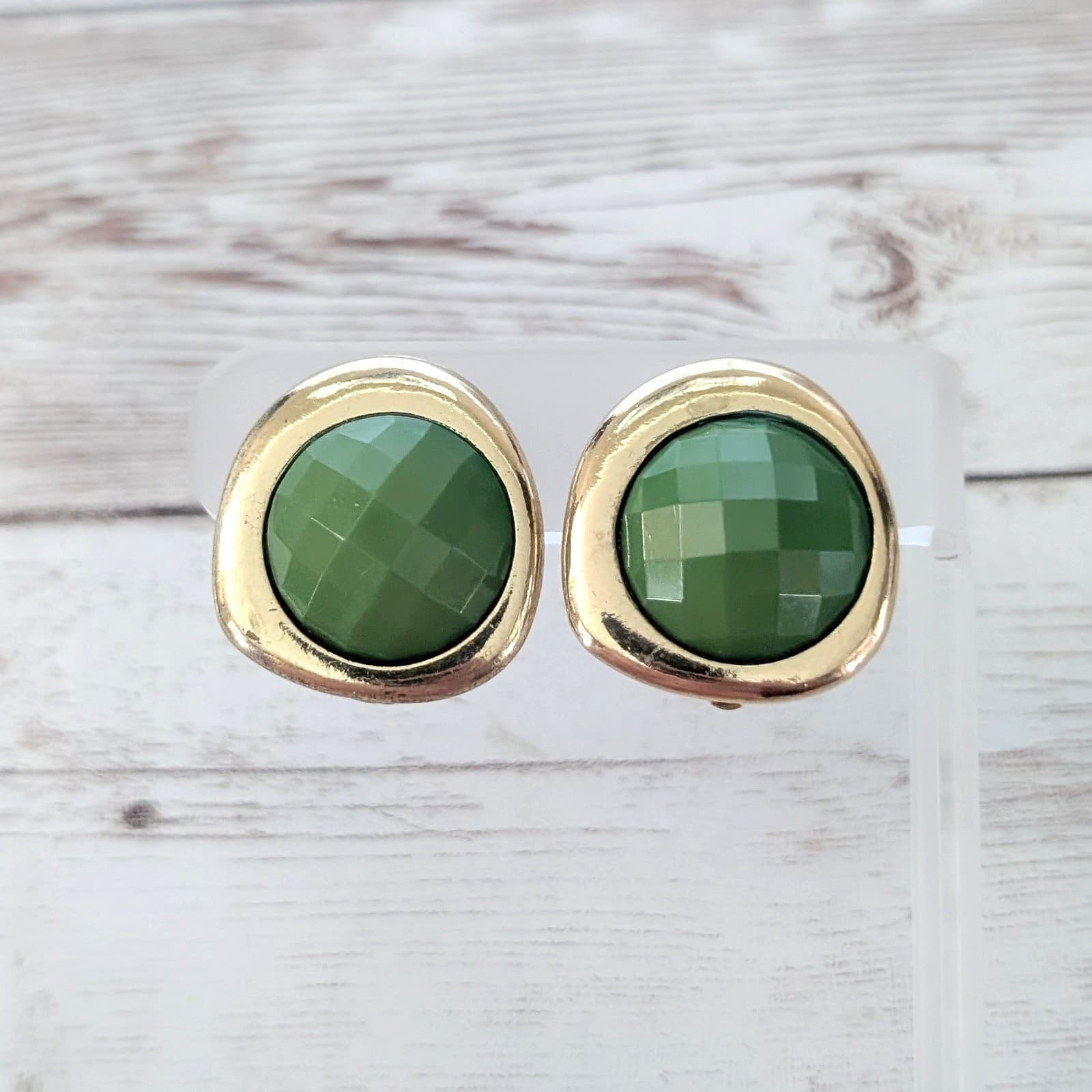 Vintage Clip On Earrings Large Statement Green Faceted & Gold Tone