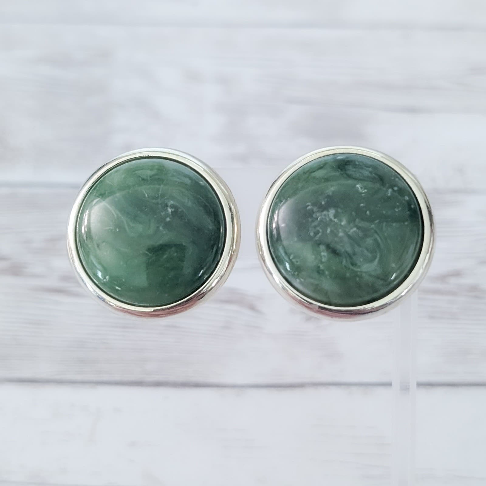 Vintage Clip On Earrings Large Green with Gold Tone Halo