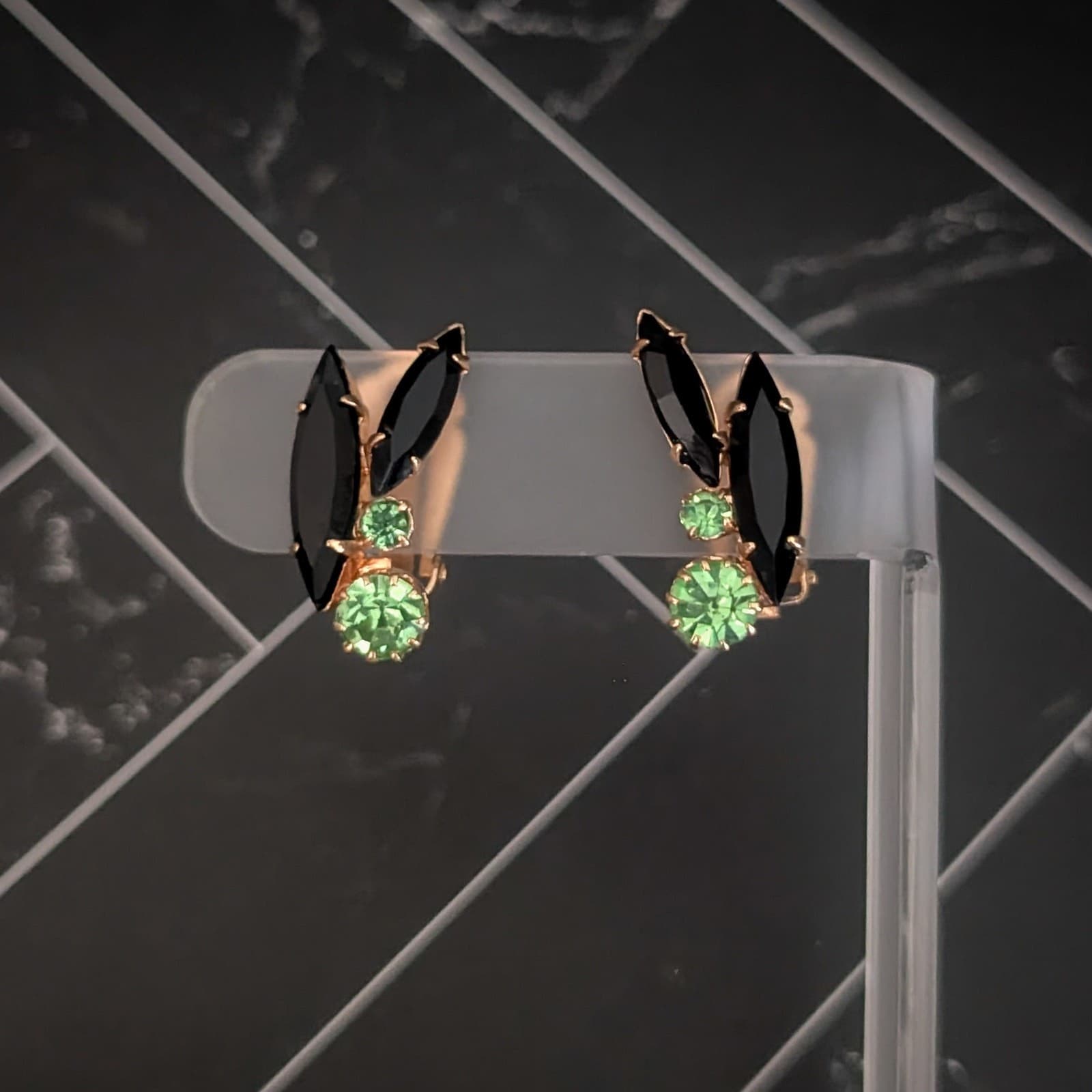 Vintage Clip On Earrings Stunning Regal Marquise Shaped Black & Green Gems