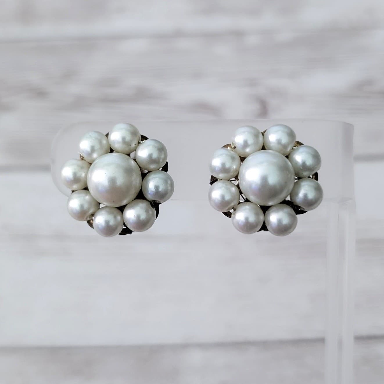 Vintage Clip On Earrings Cream Cluster Stamped Japan
