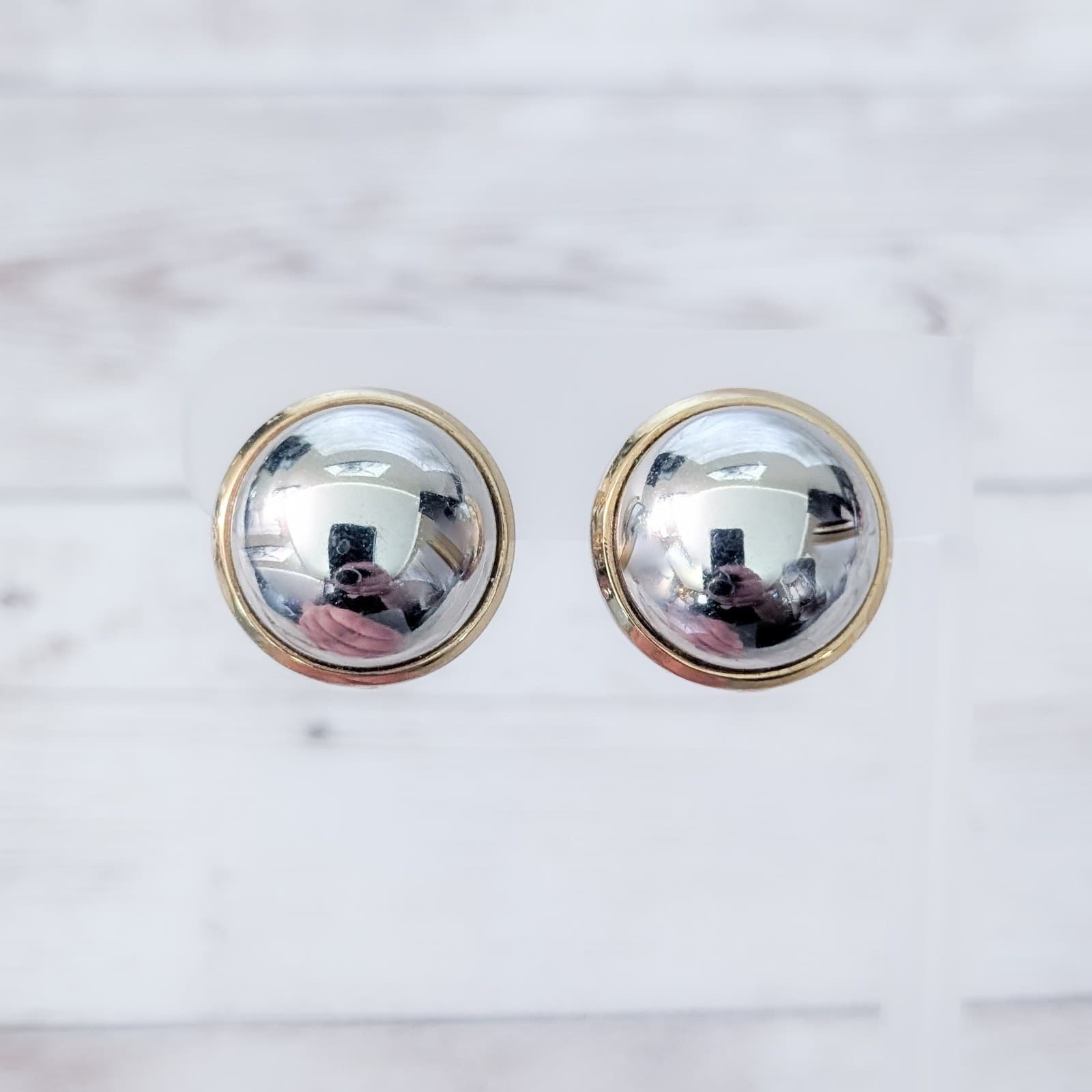 Vintage Clip On Earrings Domed Mirrored Silver Tone with Gold Tone 7/8"