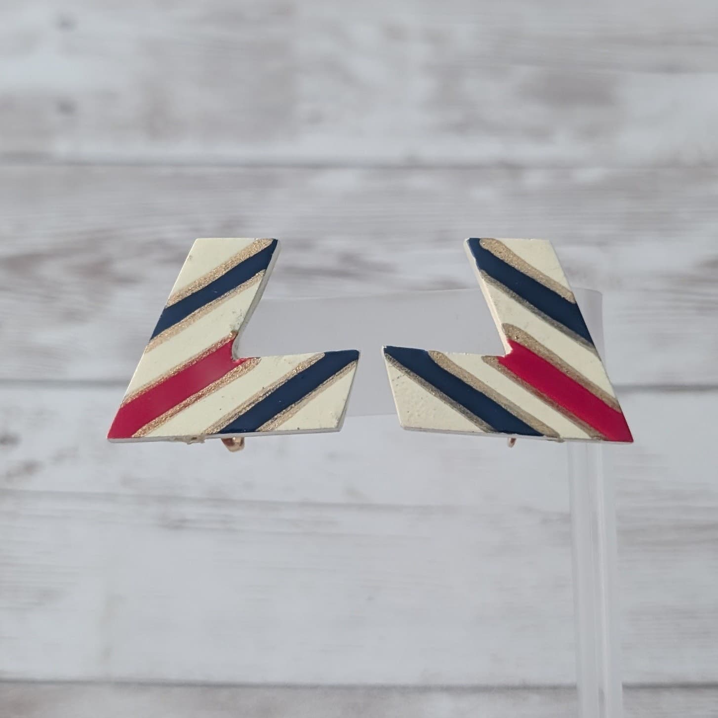 Vintage Clip On Earrings Large Chevron? Cream, Red, Dark Blue, Gold Tone