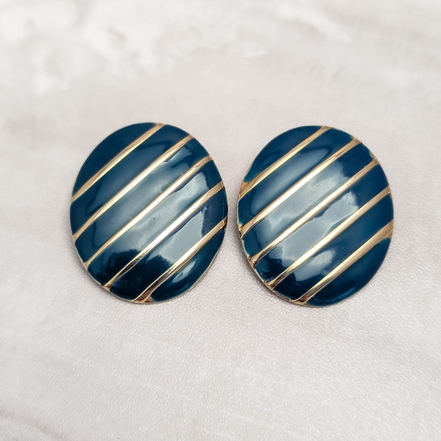 Vintage Clip On Earrings Blue-ish Teal and Gold Tone Large Oval Statement