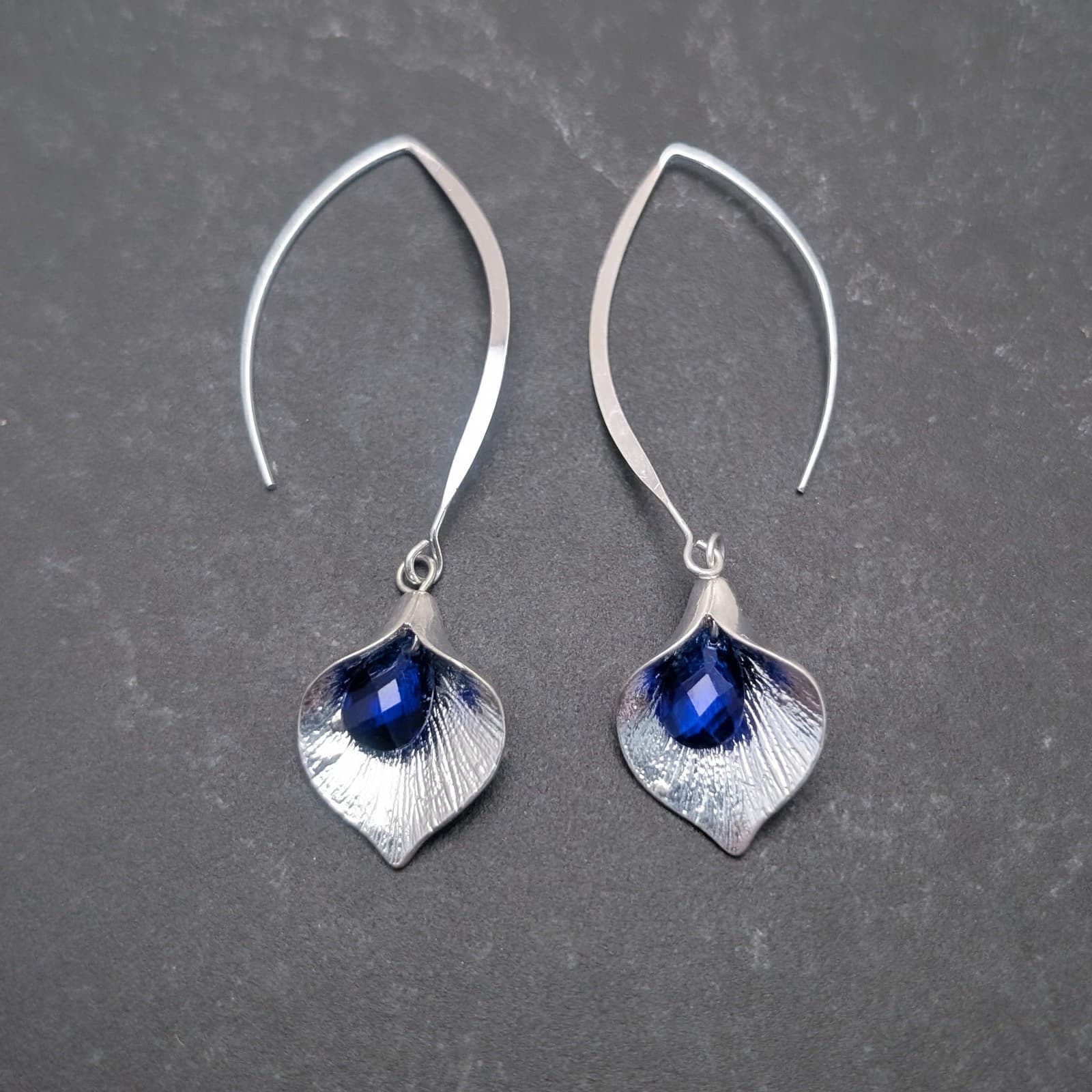Stunning Silver Tone & Blue Flower Long Dangle Drop Earrings - Extra Long
