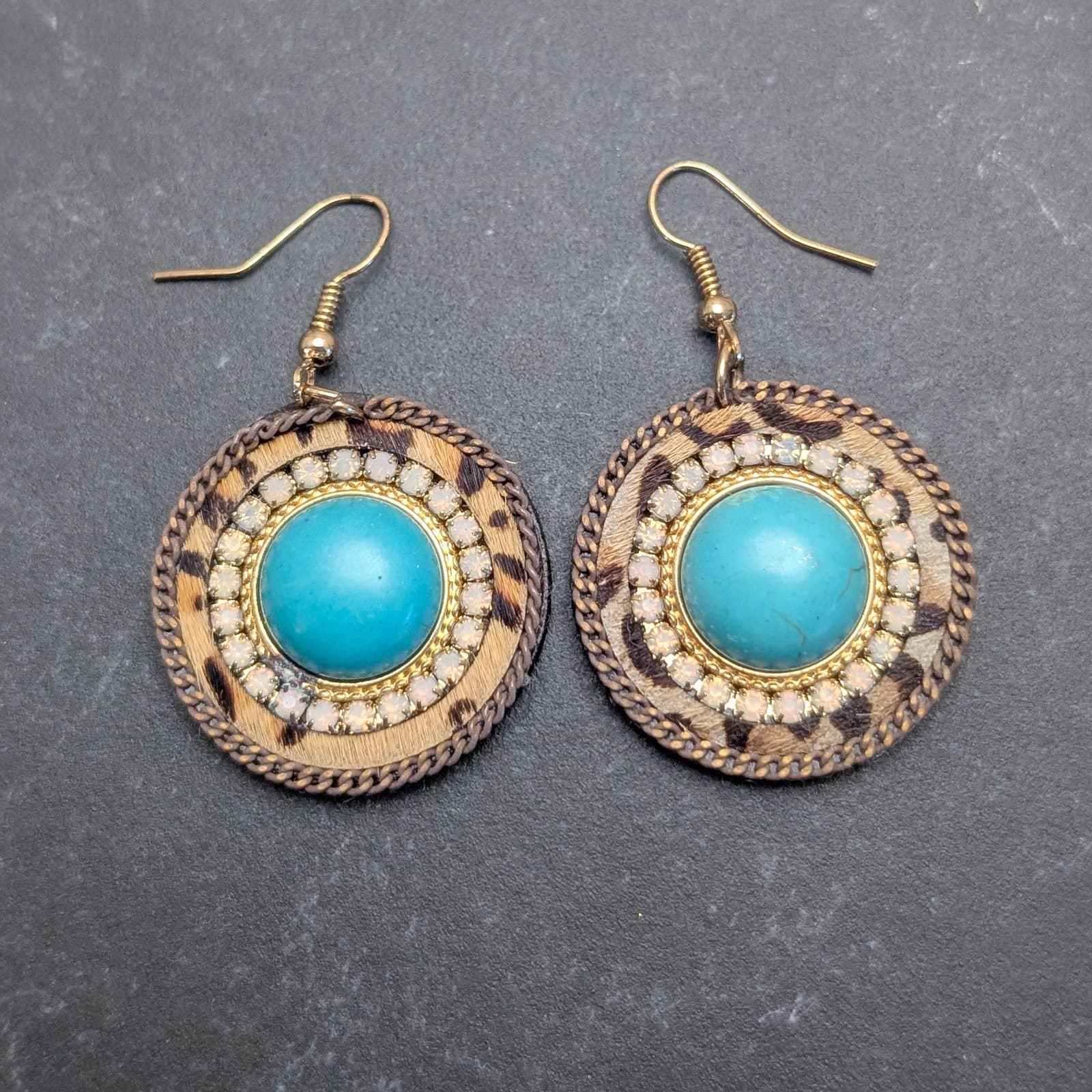 Animal Print Dangle Earrings Brown and Turquoise Tones Drop Statement Circle