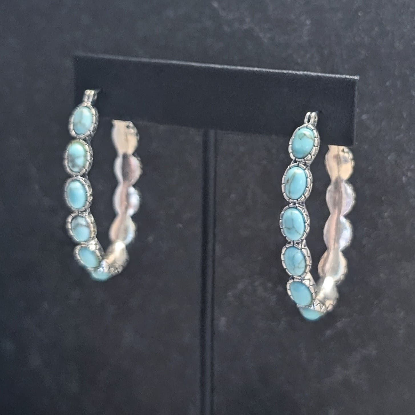 Silver Tone & Turquoise Tone Elongated Large Statement Hoops 1 & 5/8"