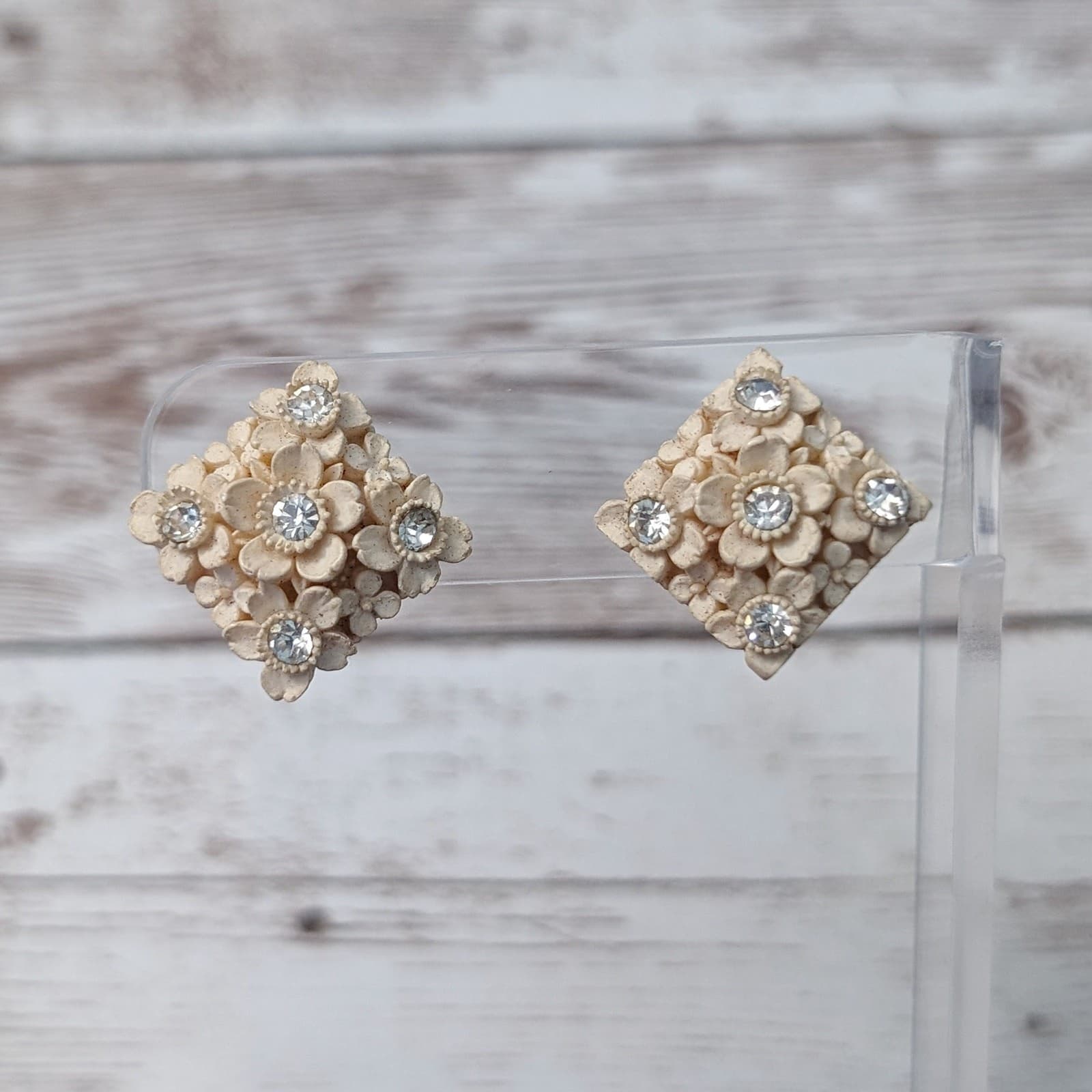 Vintage Screw On Earrings Dainty Flower Design with Clear Gem Detail