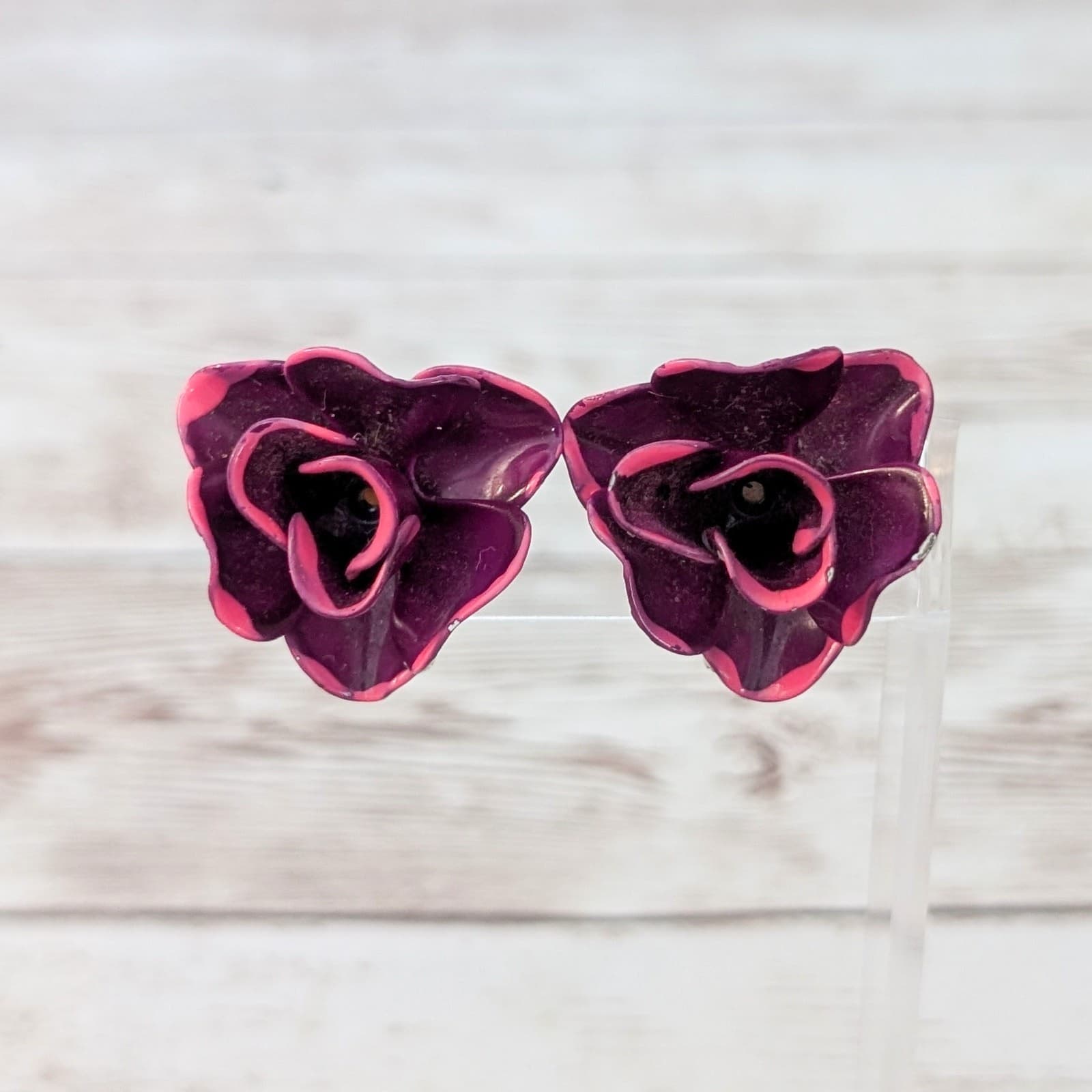 Vintage Clip On Earrings Large 3D Flower Magenta/Fuchsia Tones 1 & 1/8"