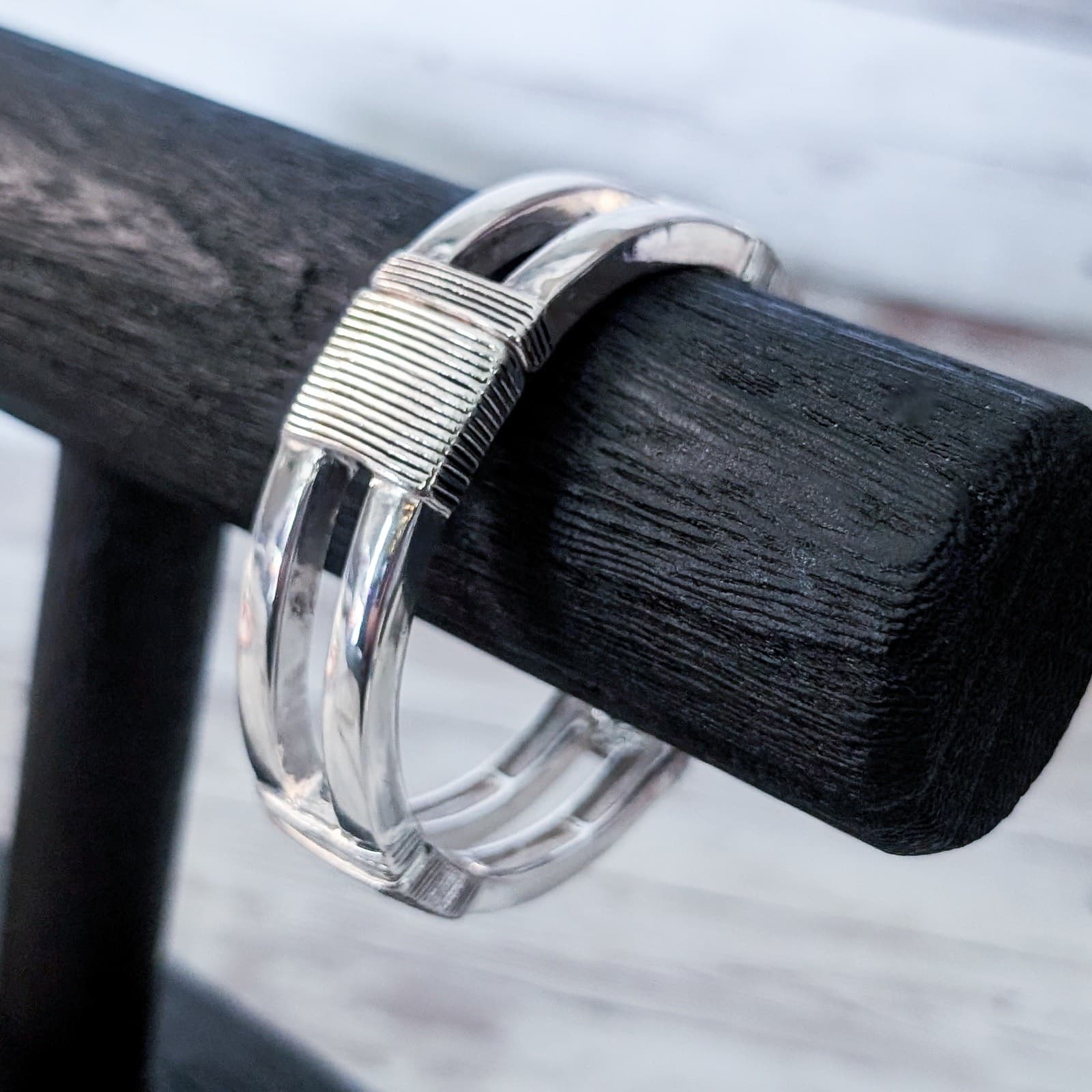 Vintage Stretch Bangle Bracelet Chunky Silver Tone