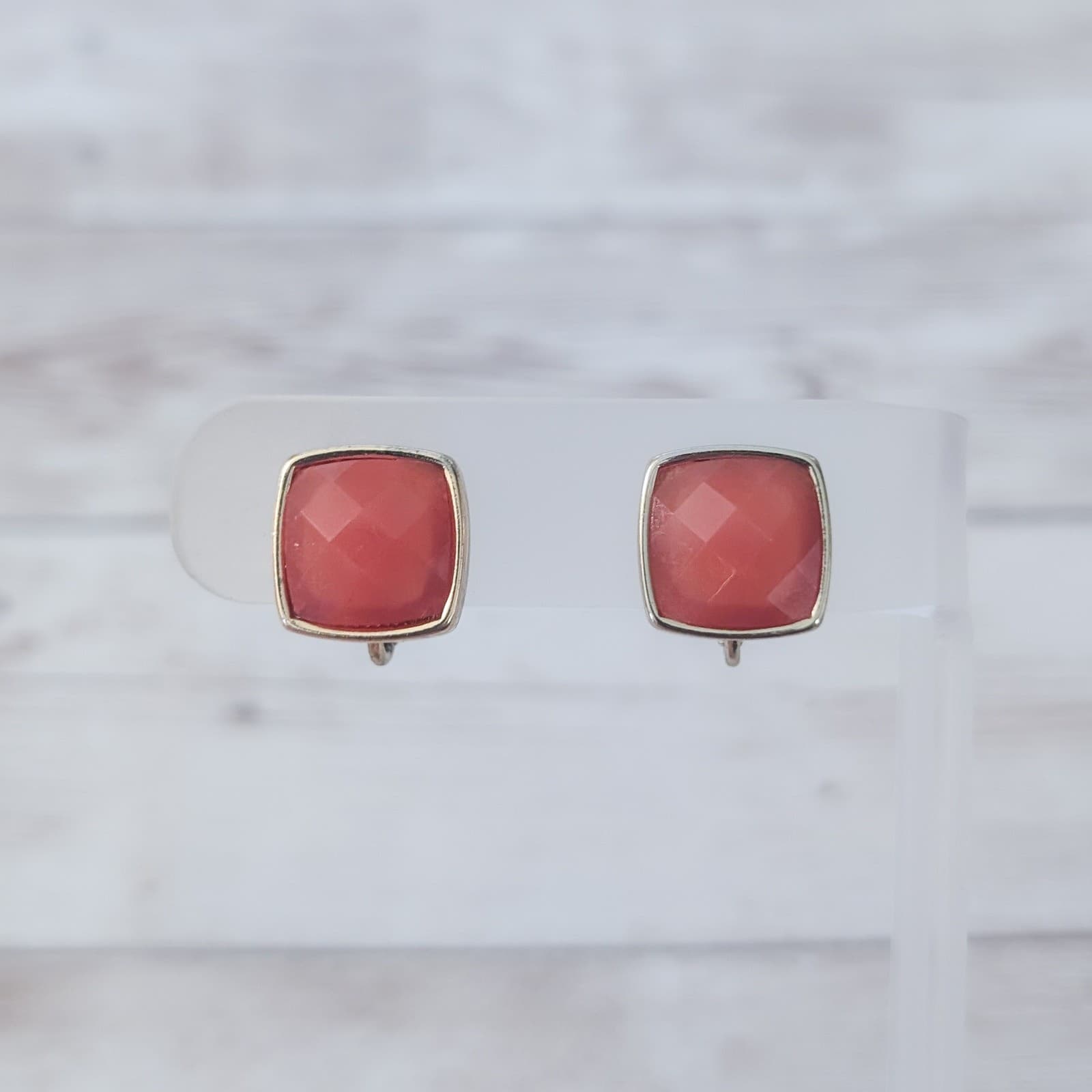 Vintage Clip On Earrings Faceted Orange Square with Gold Tone Halo 0.5"