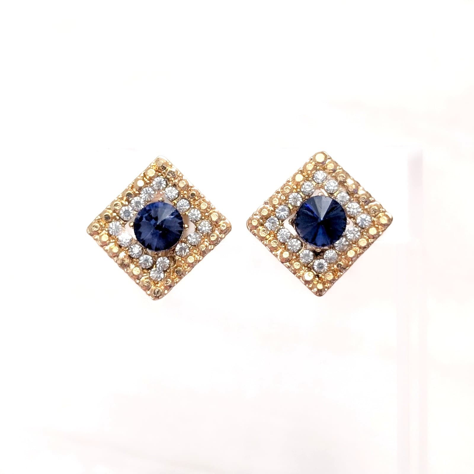 Vintage Clip On Earrings Stylish Gold Tone with Clear & Blue Gems