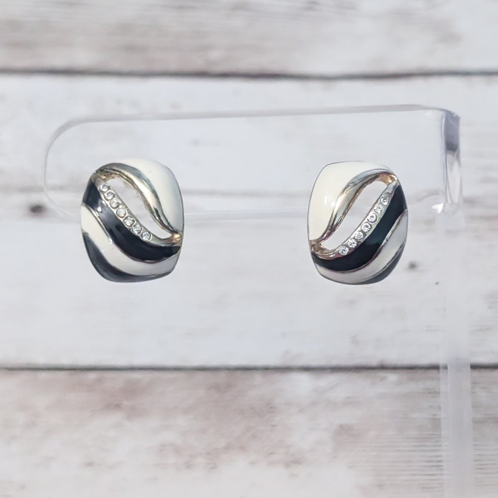 Vintage Stud Earrings For Pierced Ears Cream, Black, Clear Gem