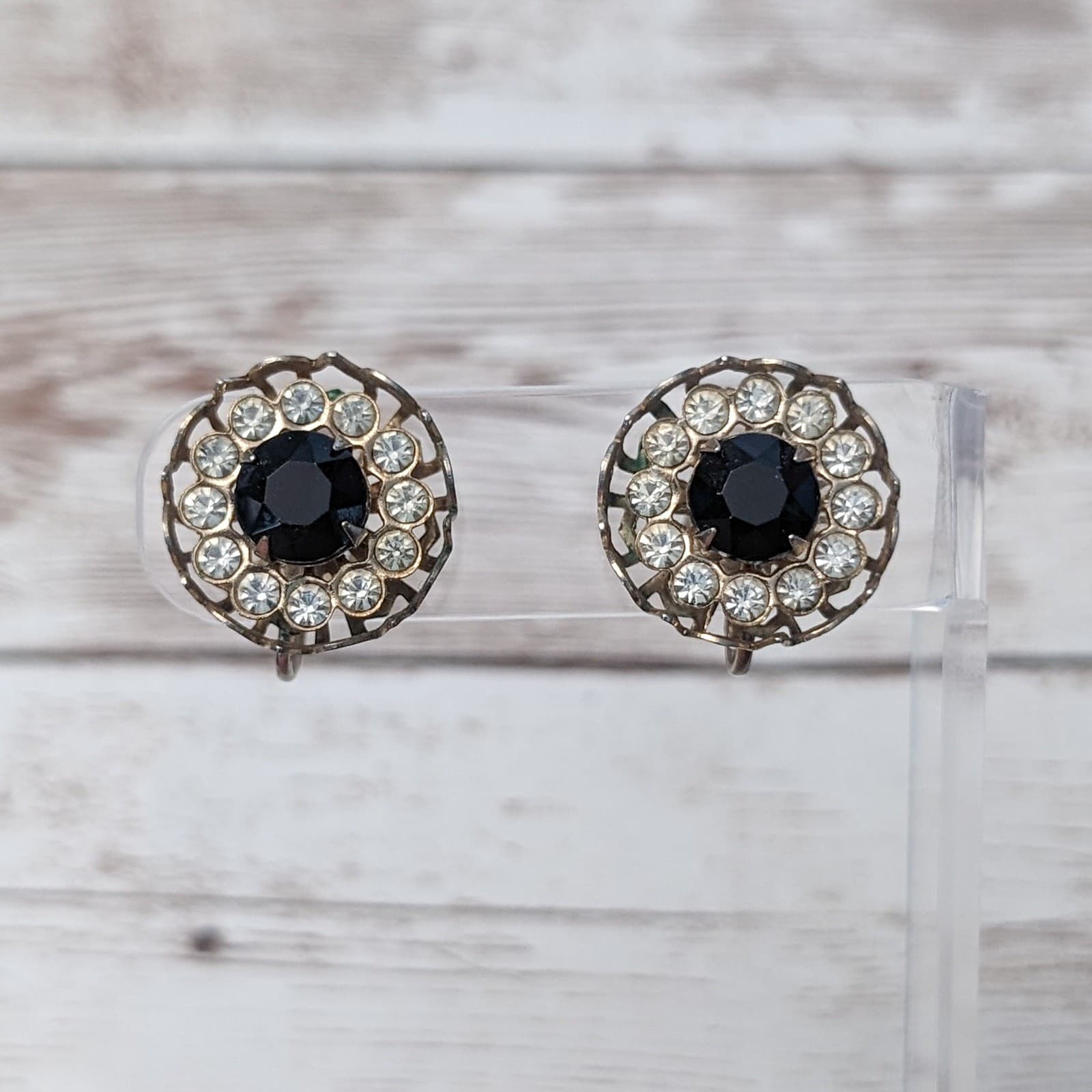 Vintage Screw On Earrings Black with Clear Gem Halo.
