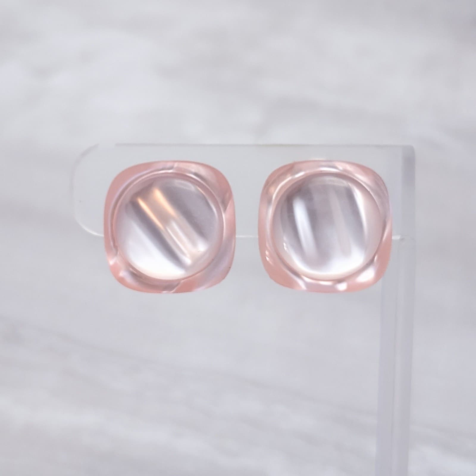 Vintage Clip Earrings Pearlescent Light Pink Rounded Square with Circle Retro