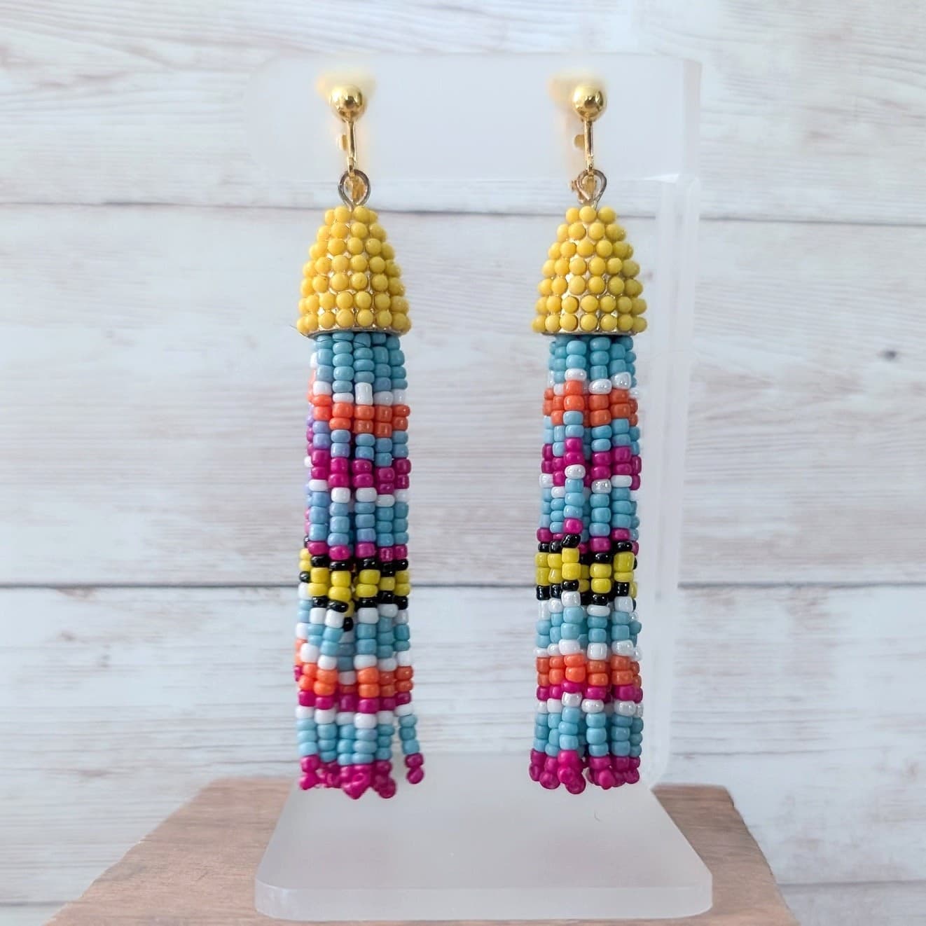 Vintage Clip On Earrings Multi Colored Beads Extra Long 3.5" Dangle Statement