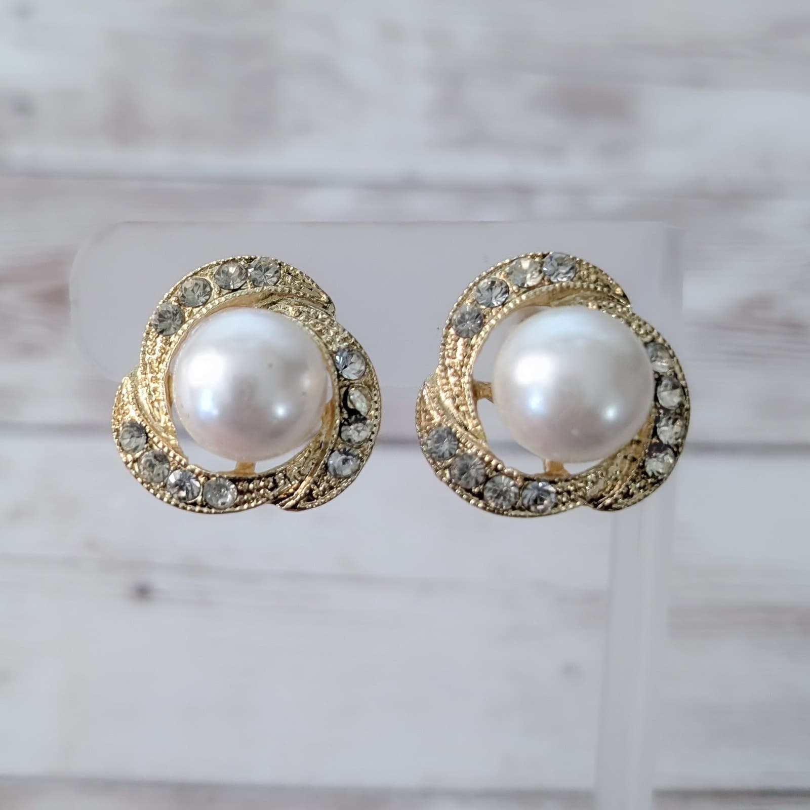 Vintage Clip On Earrings Large Chunky Faux Pearl, Gold Tone, Clear Gem Statement