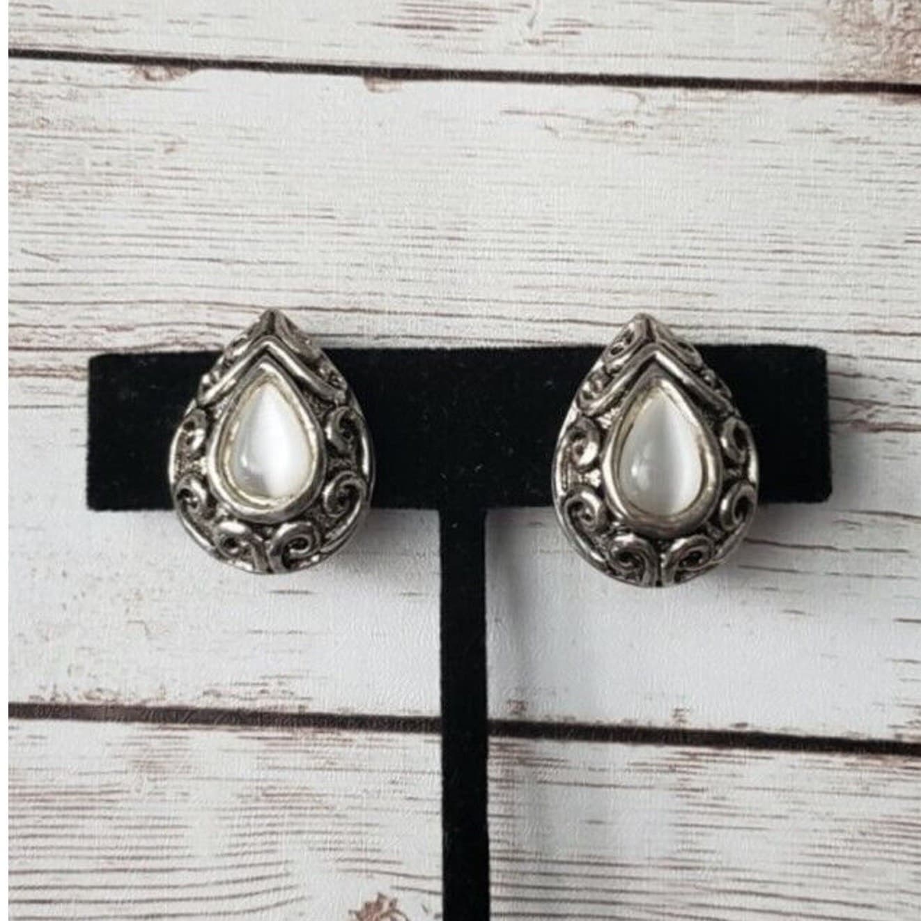 Vintage Clip On Earrings 1" Ornate Silver Tone Teardrop Shape Pearlescent Center
