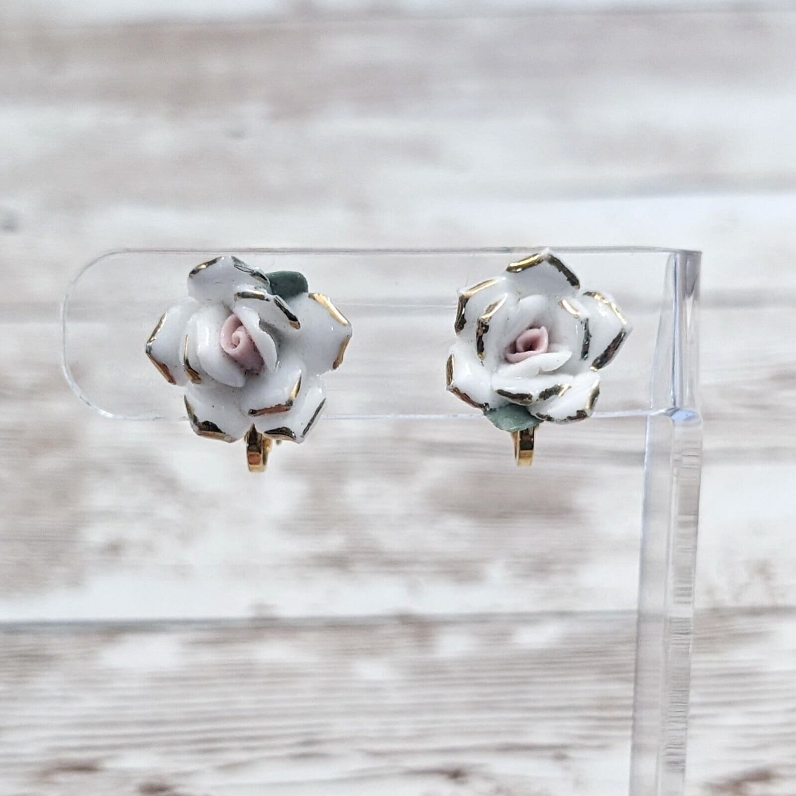 Vintage Clip On Earrings White Rose with Gold Tone Edges and Pink Center