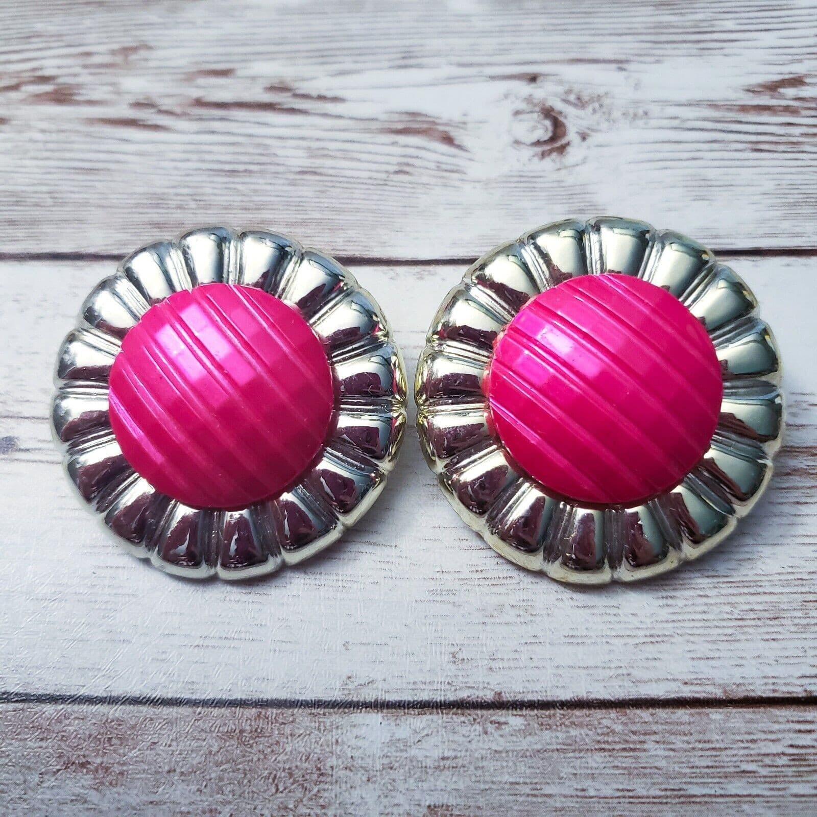 Vintage Clip On Earrings Pink & Light Gold Tone Large 1.75" Statement Unusual