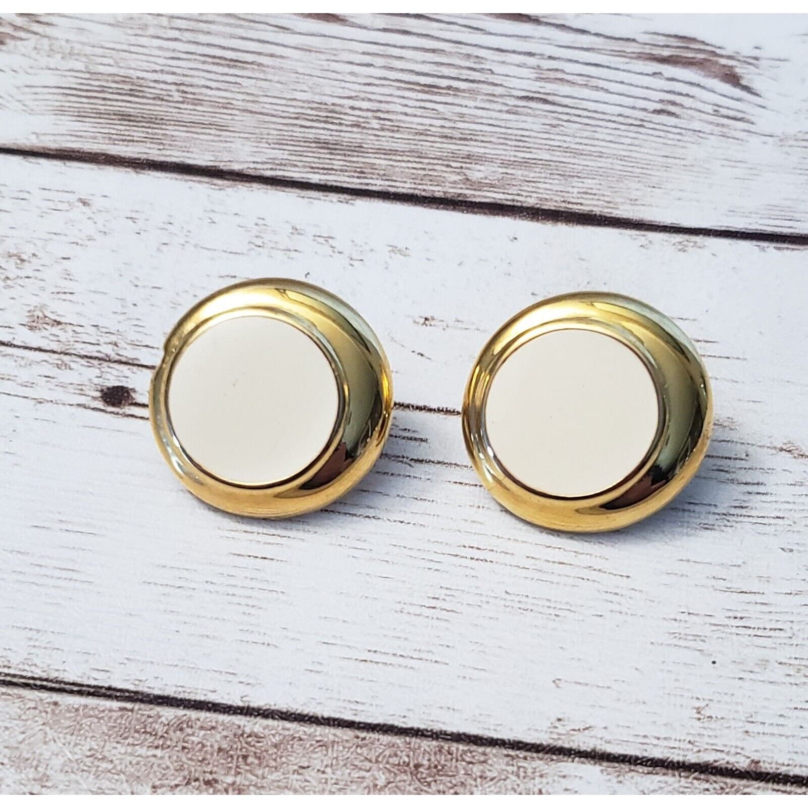 Vintage Clip On Earrings - Gold Tone And Cream Circle - 7/8"