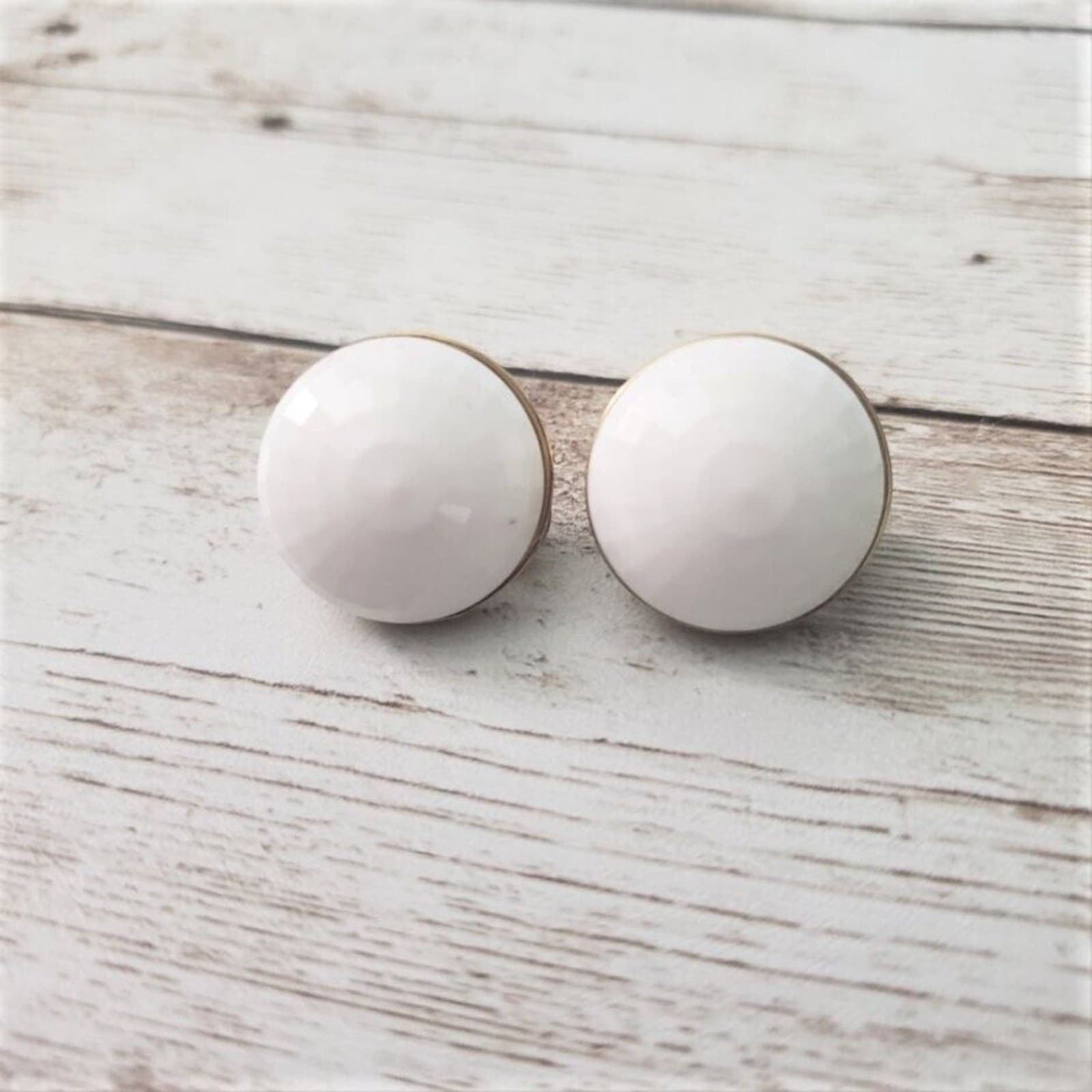 Vintage Monet Clip On Earrings - Small White Golf Ball Style with Gold Tone Halo