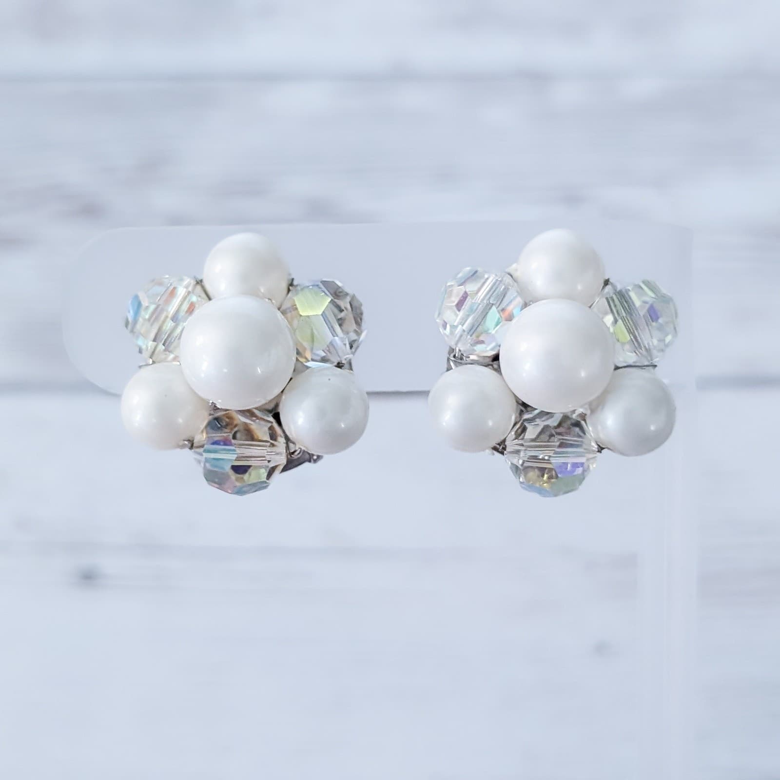 Vintage Clip On Earrings Off White & Iridescent Cluster