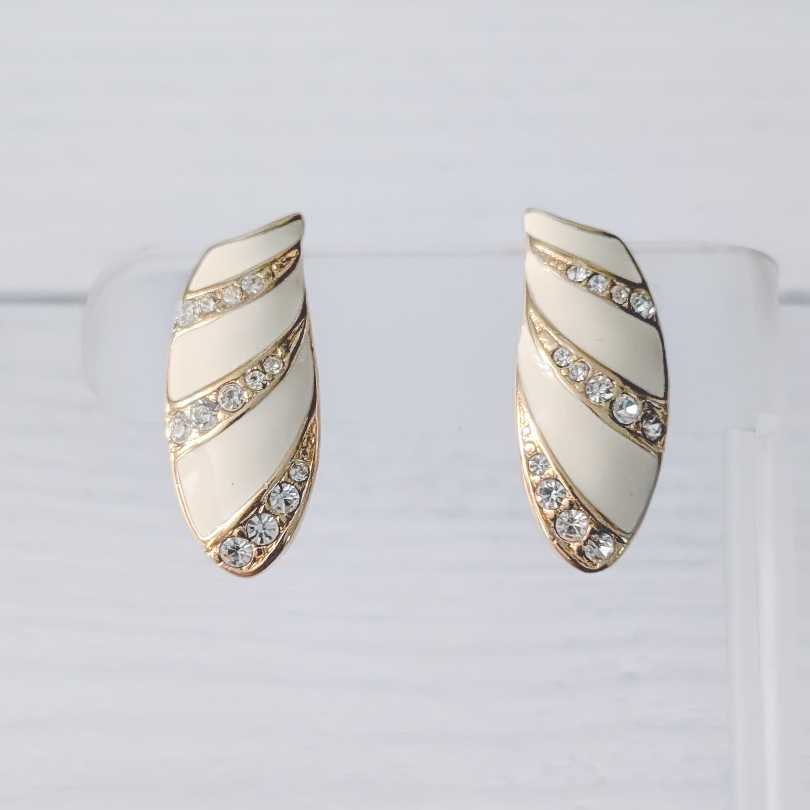Vintage Monet Clip On Earrings Gold Tone, Cream Enamel, Clear Gems