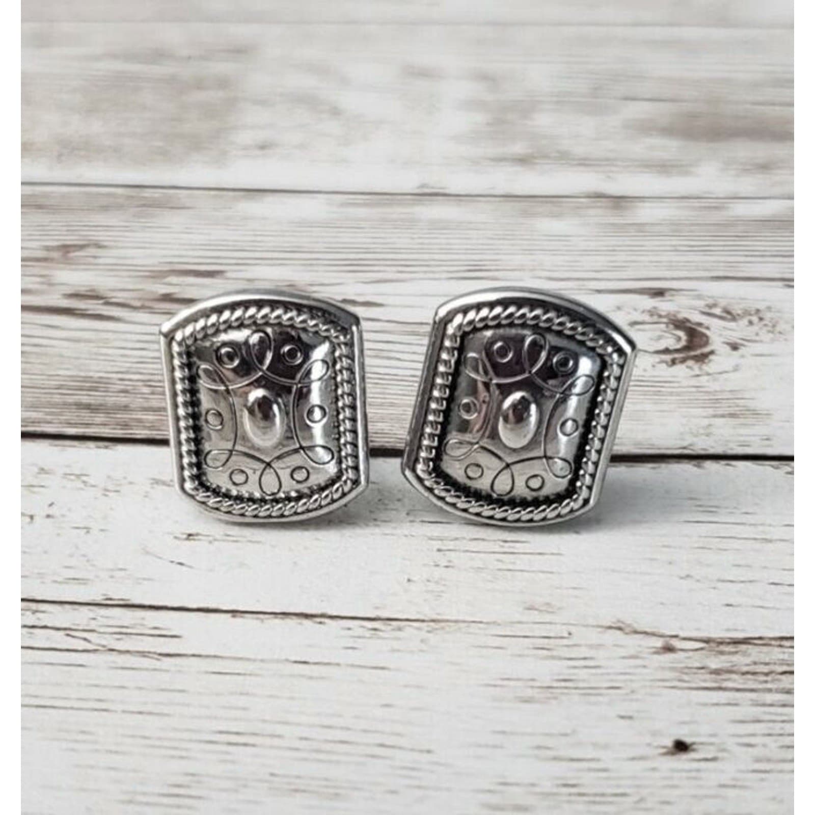 Vintage Clip On Earrings Ornate Silver Tone Rectangular Shape