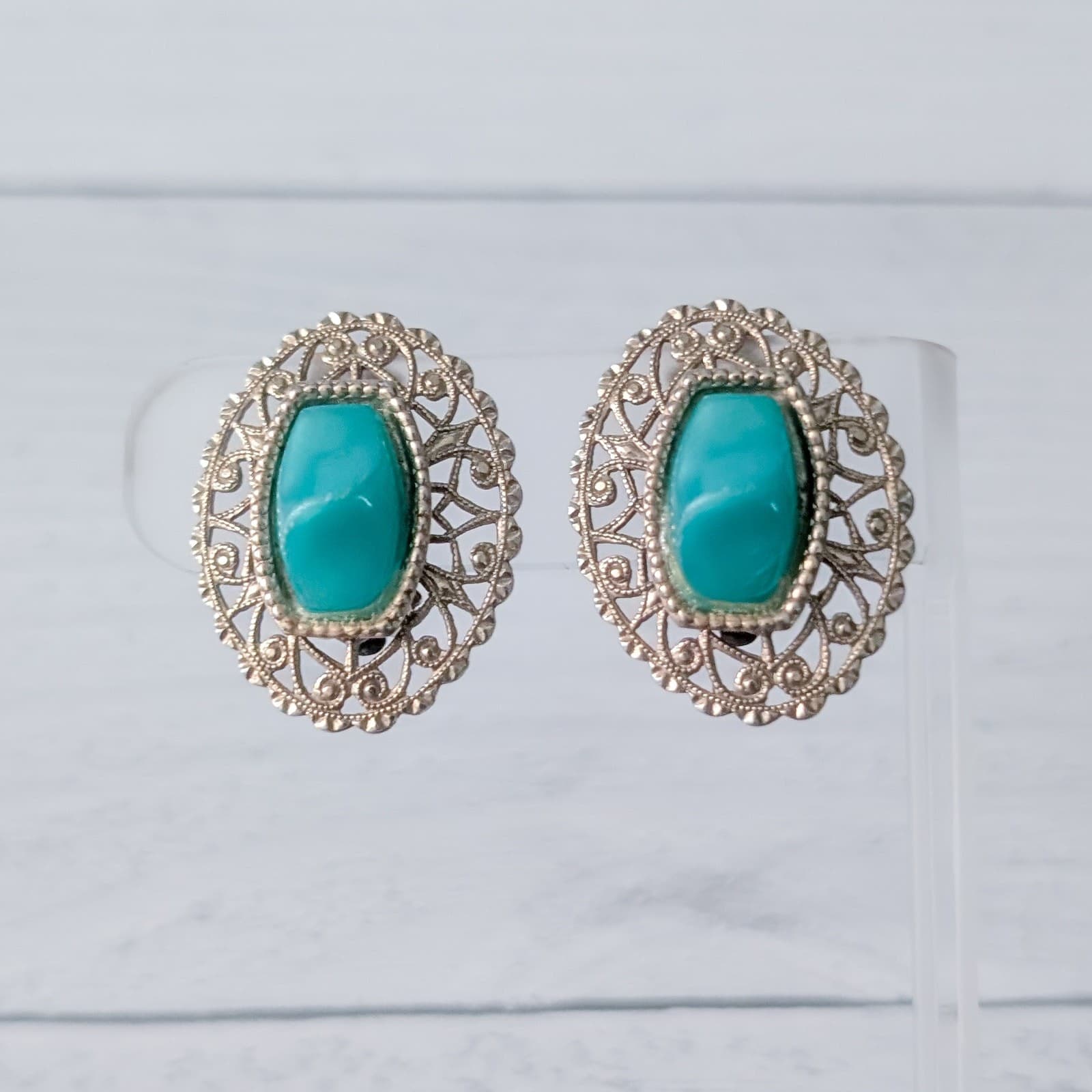 Vintage Clip On Earrings Large Ornate Gold Tone with Green Center