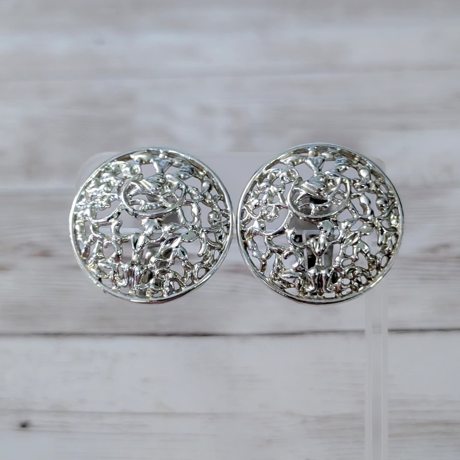 Vintage Clip On Earrings Large 1.25" Ornate Circle Statement