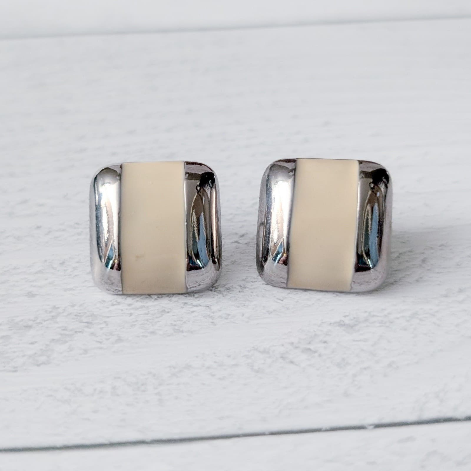 Vintage Stud Earrings Silver Tone & Cream Enamel Square