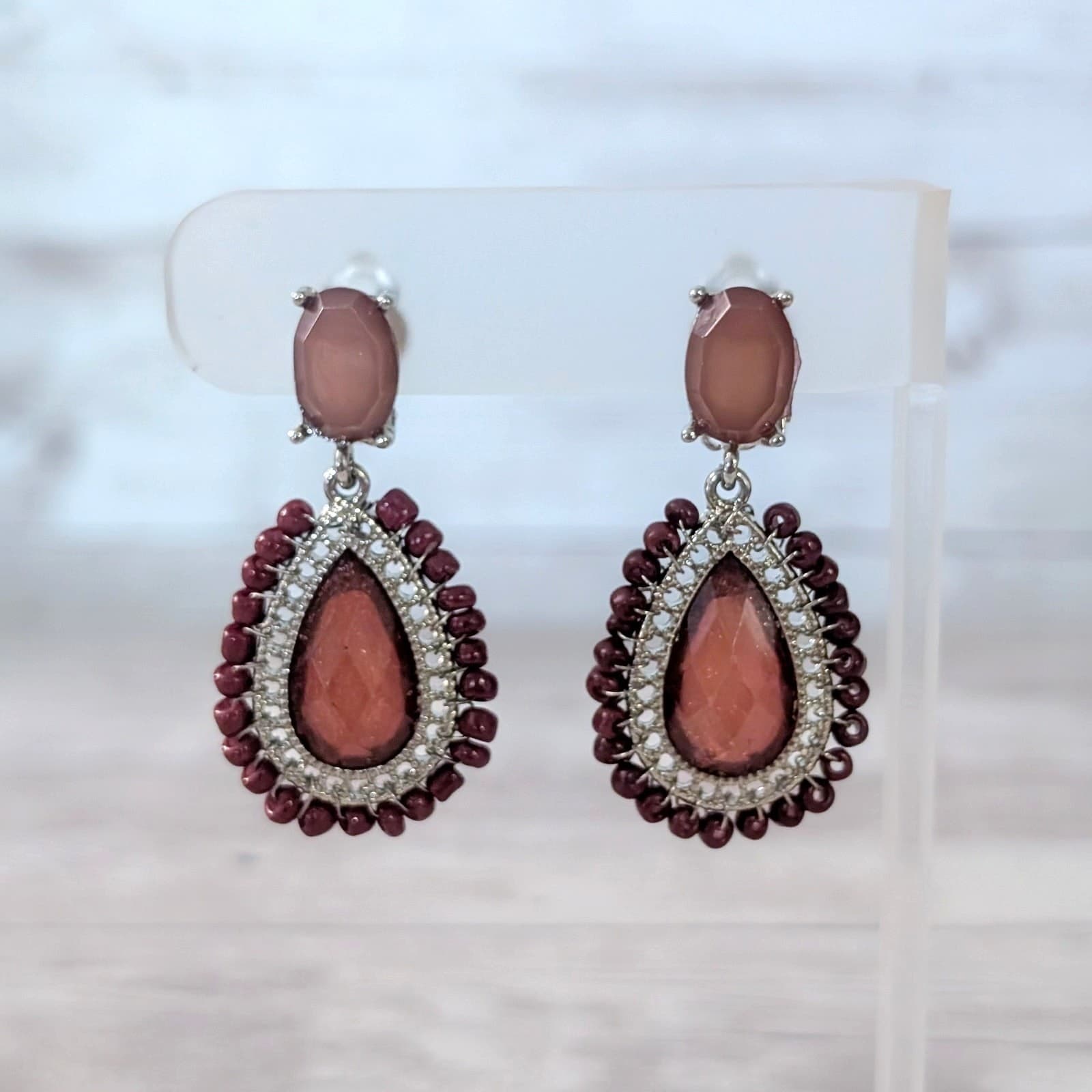 Vintage Clip On Earrings - Dusky Muted Burgundy-ish Dangle 1.75"