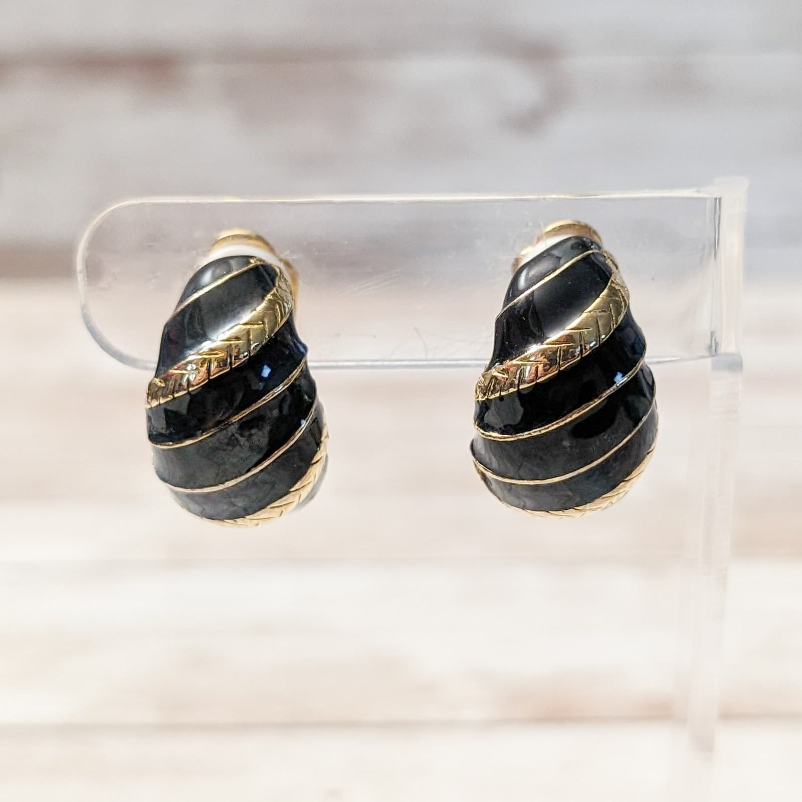 Vintage Clip On Earrings Chunky Statement Black Enamel and Gold Tone