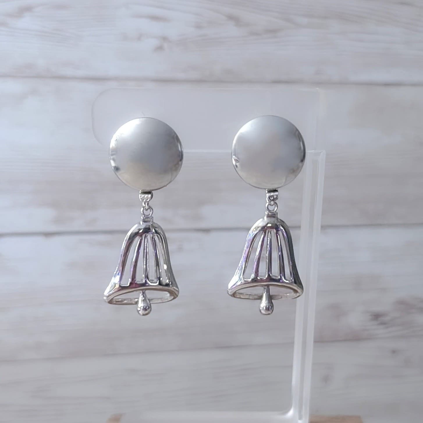 Vintage Screw On Earrings Silver Tone Large Bell Shape Dangle