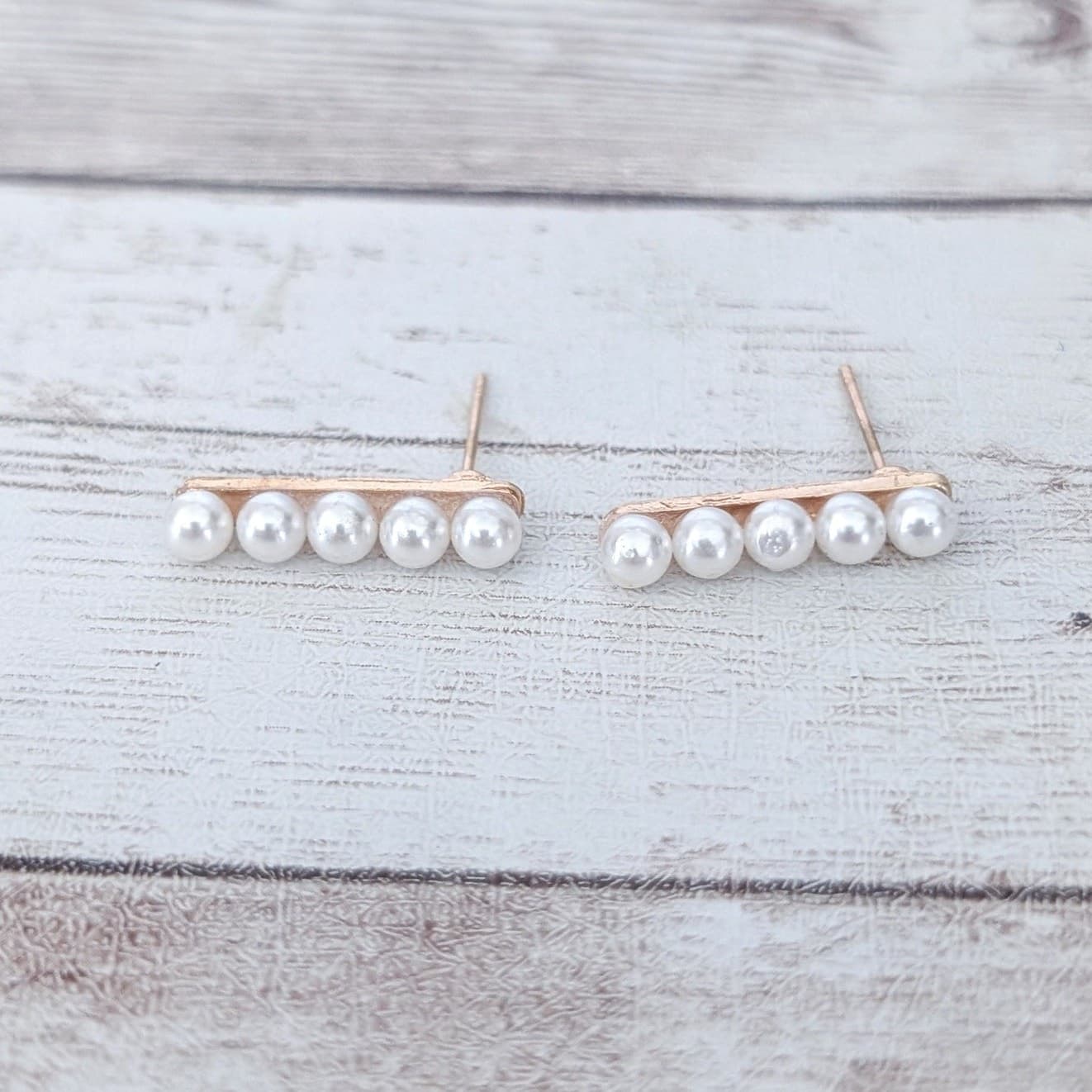 Vintage Stud Earrings Dainty Row of 5 Faux Pearls