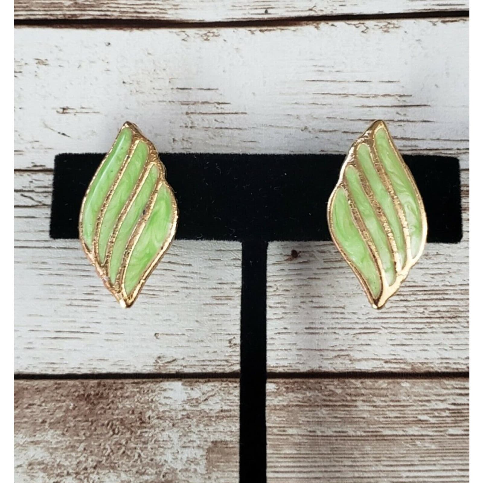 Vintage Clip On Earrings 1.25" Green & Gold Tone Leaf? Shape