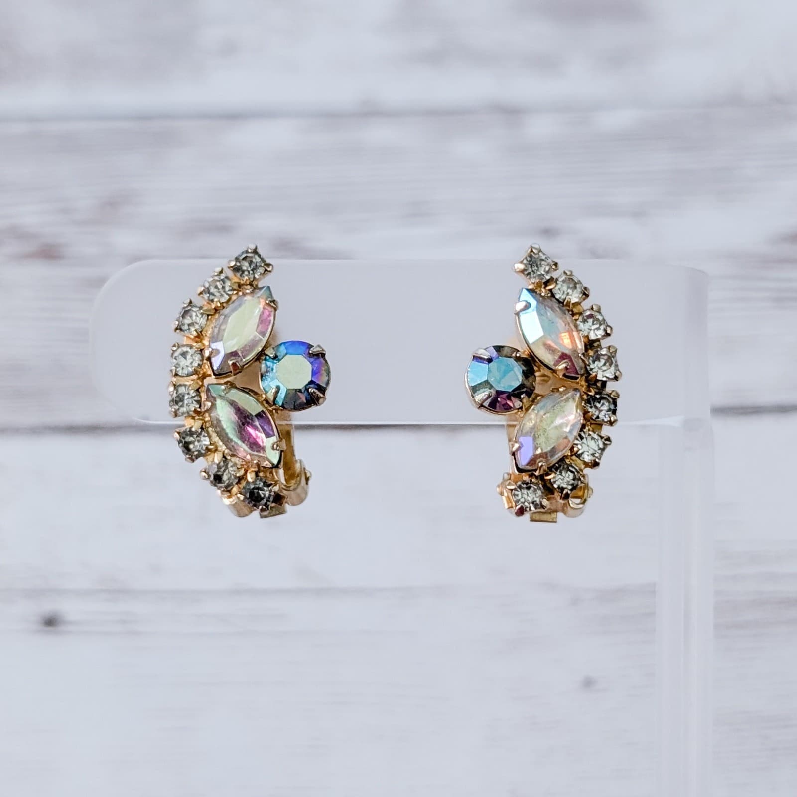 Vintage Clip On Earrings Multi Colored Gems 1" Statement
