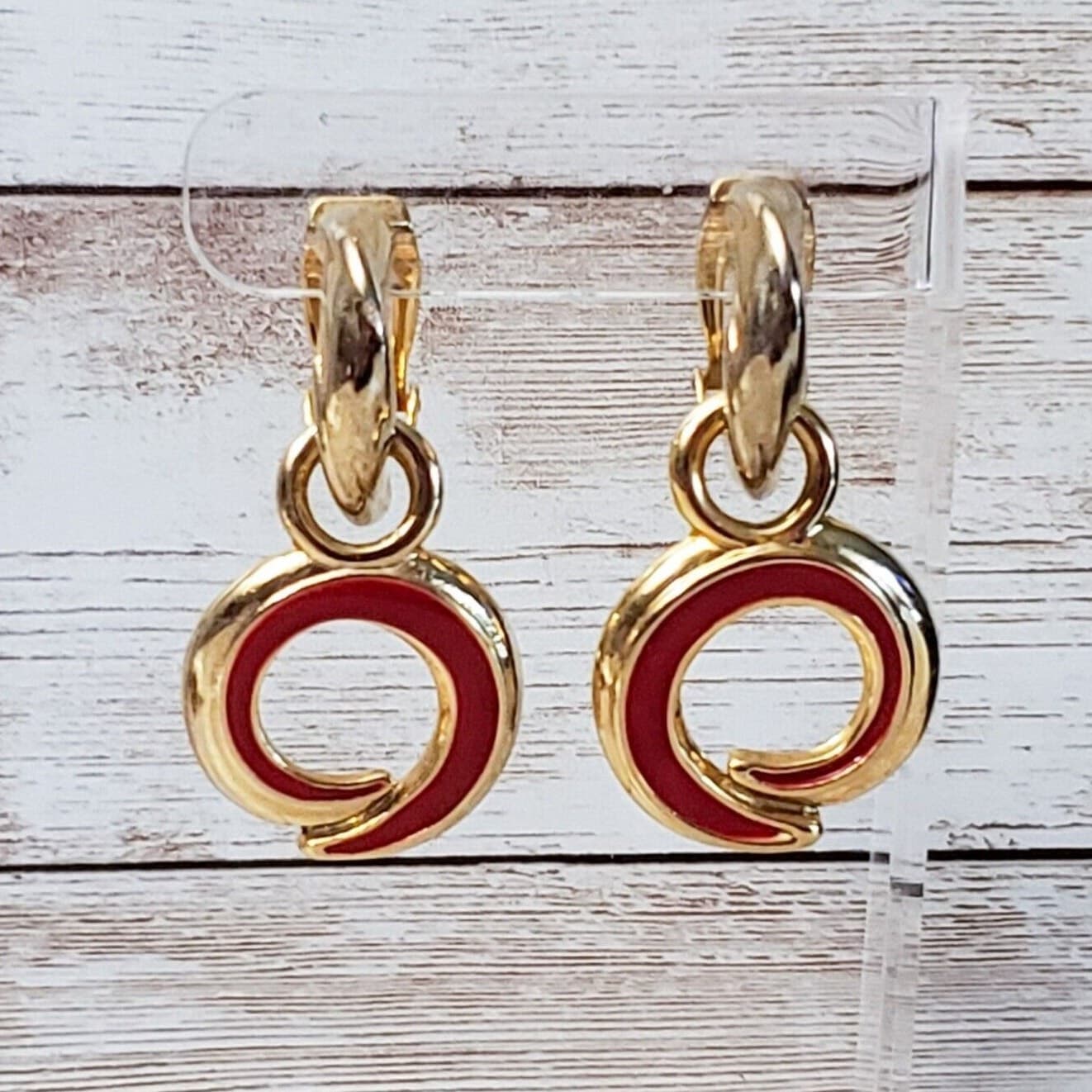 Vintage Clip On Earrings - Statement Gold Tone & Red Dangle 1 & 7/8"