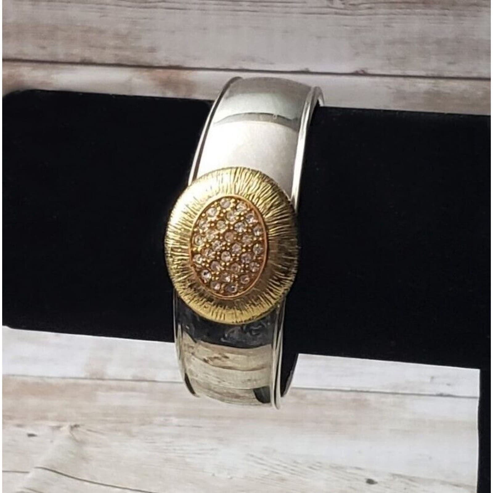 Vintage Bracelet / Bangle - Silver Tone with Gold Tone & Clear Gem Oval