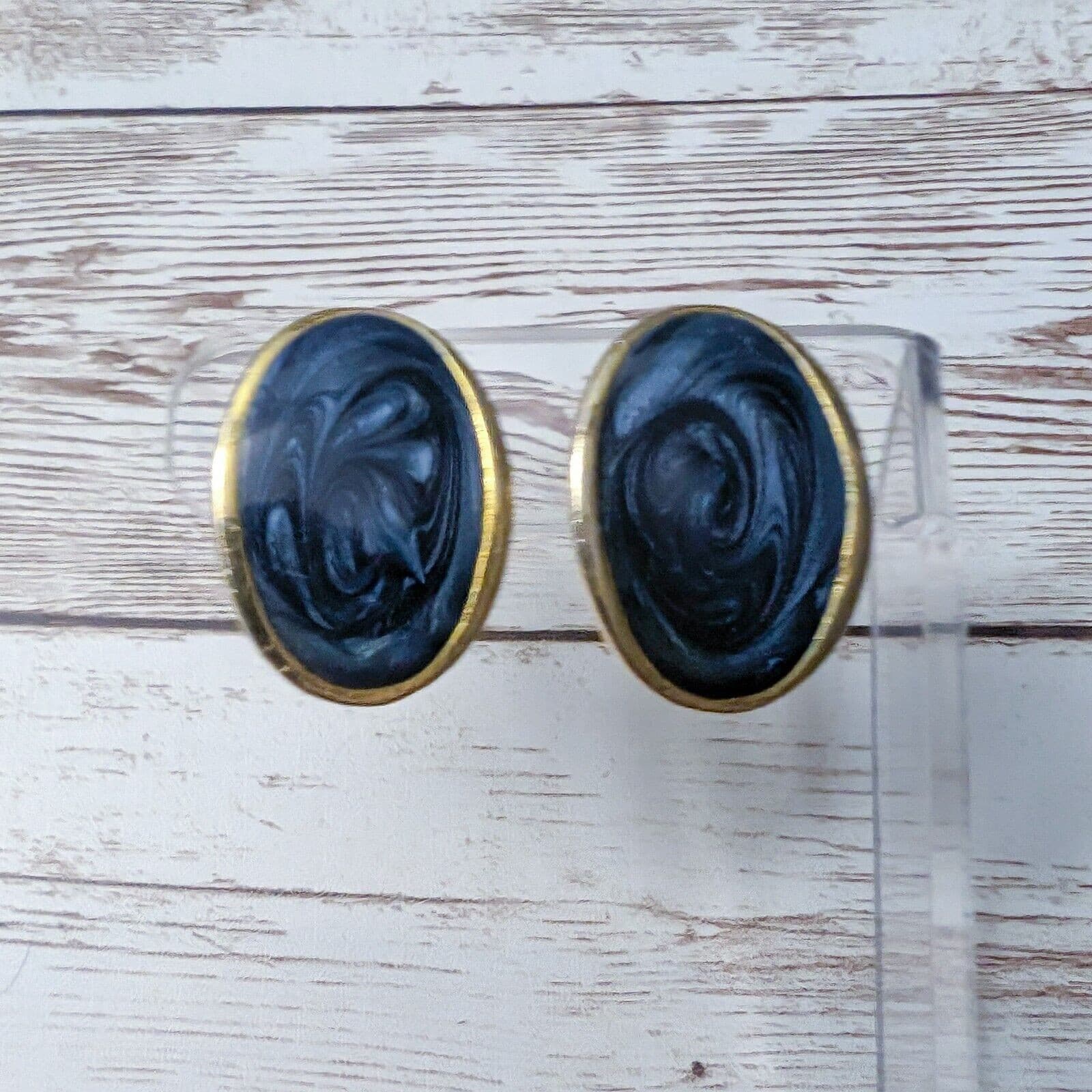 Vintage Clip On Earrings - Large Dark Blue Oval with Gold Tone Halo