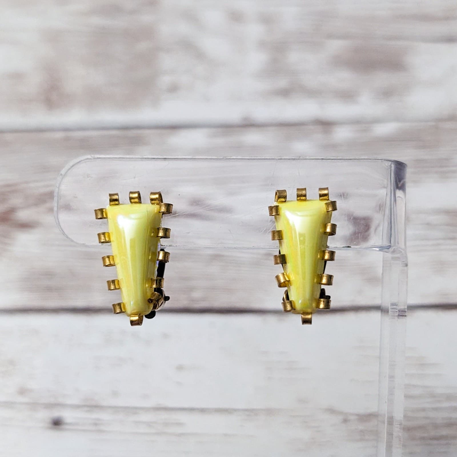 Vintage Clip On Earrings Unusual Yellow Shiny Retro