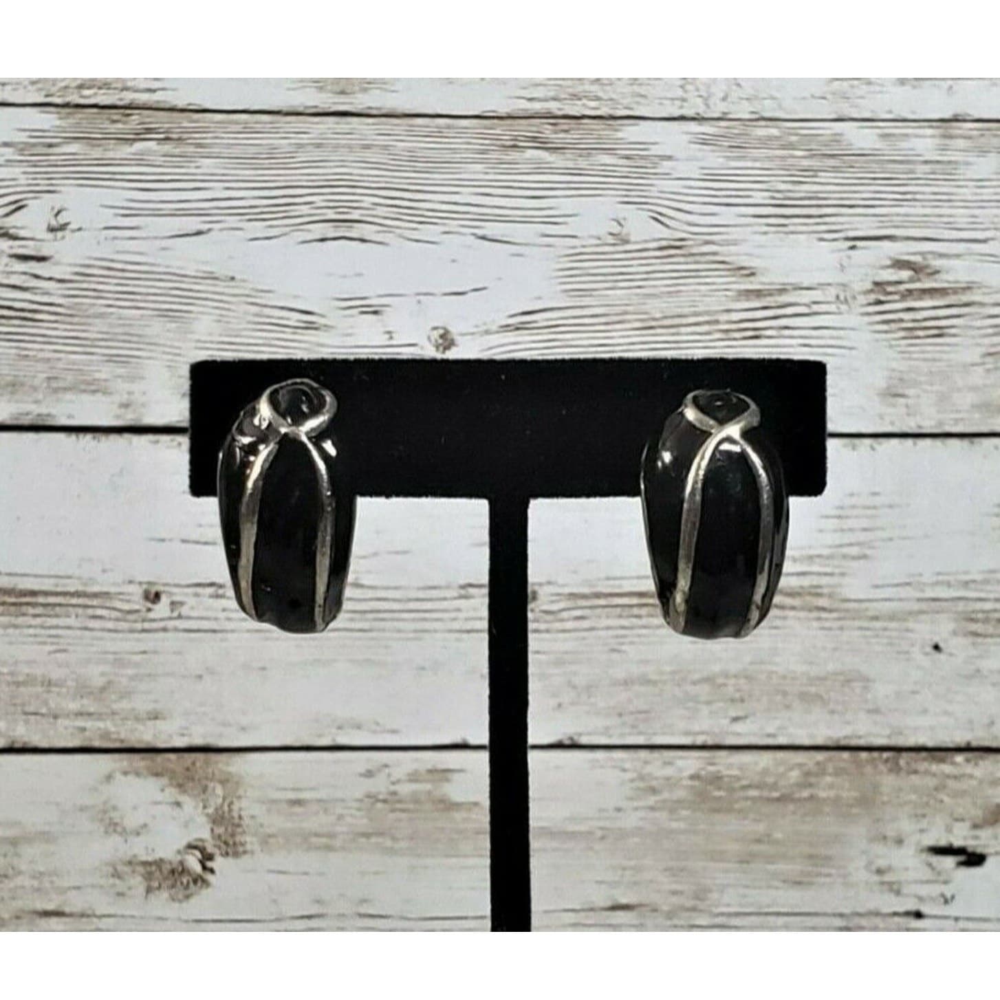 Vintage Clip On Earrings - Black & Silver Tone Chunky Half Hoops