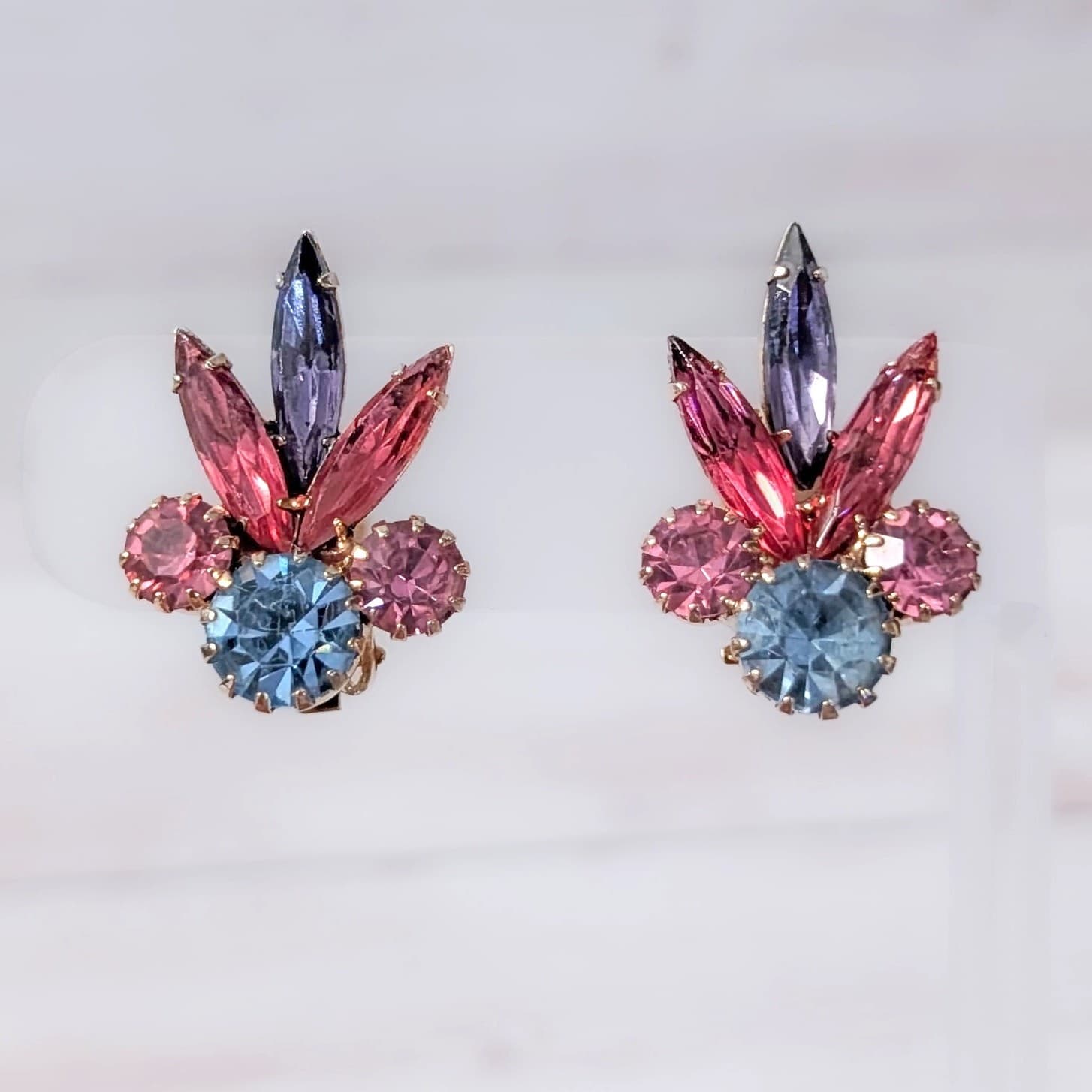 Vintage Clip On Earrings Pink, Blue, Purple Stylish Regal Statement