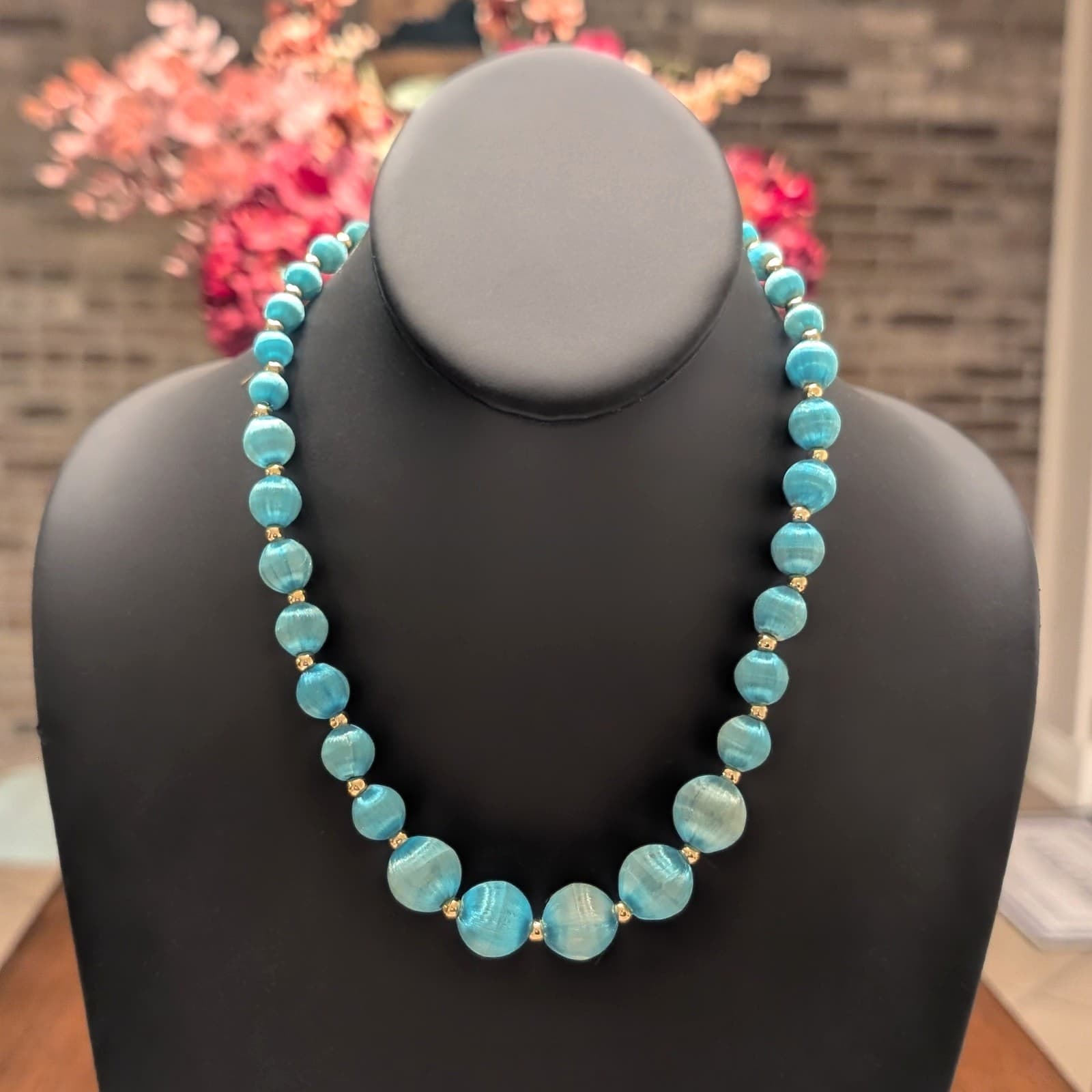 Vintage Thread Wrapped Beaded Necklace Light Bright Blue / Turquoise Tone