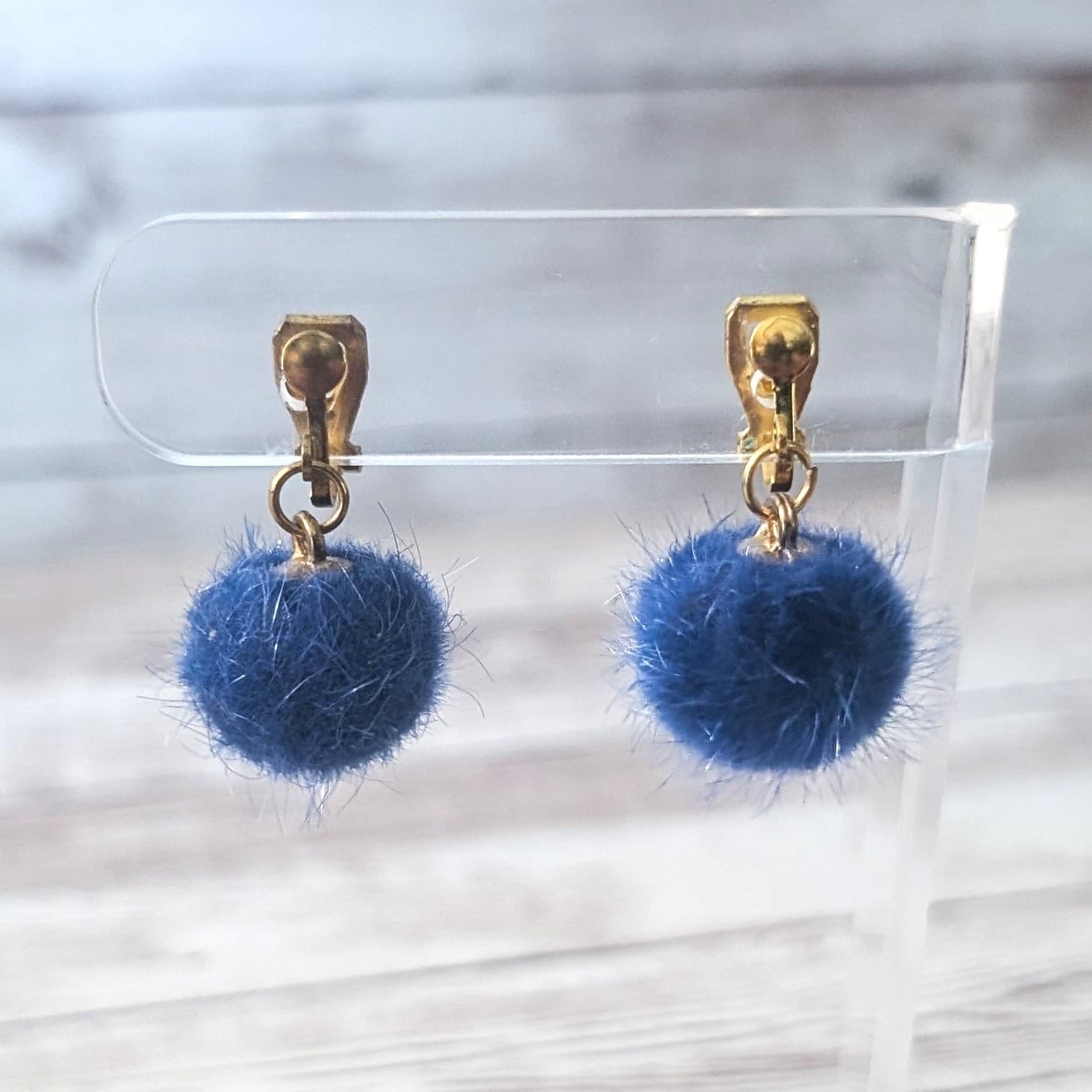Vintage Clip On Earrings - Fuzzy Blue Ball Dangle
