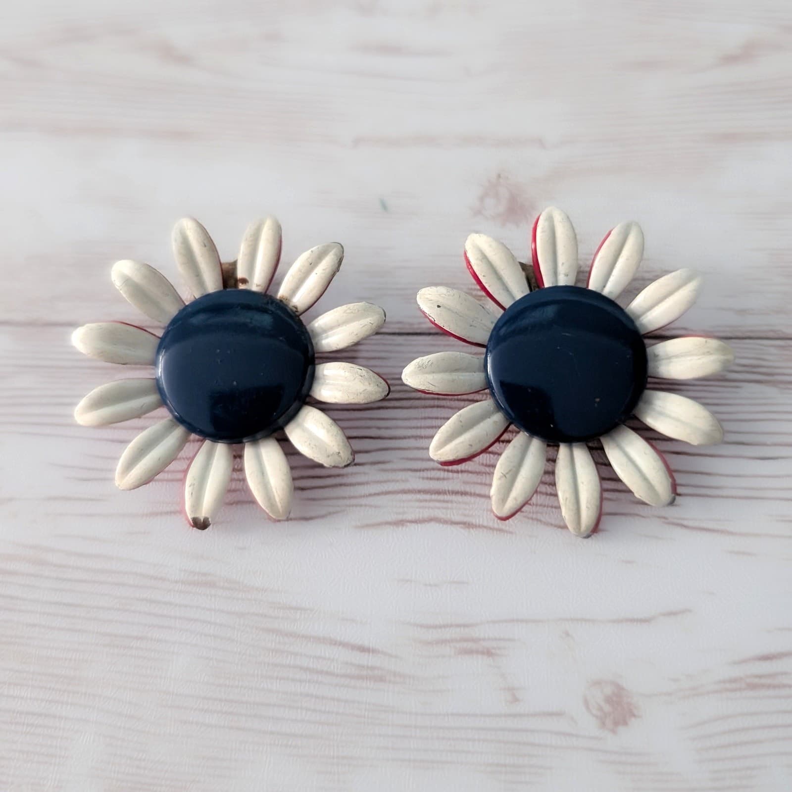 Vintage Clip On Earrings Off White, Red, Blue Flower Large - Some Paint Chips