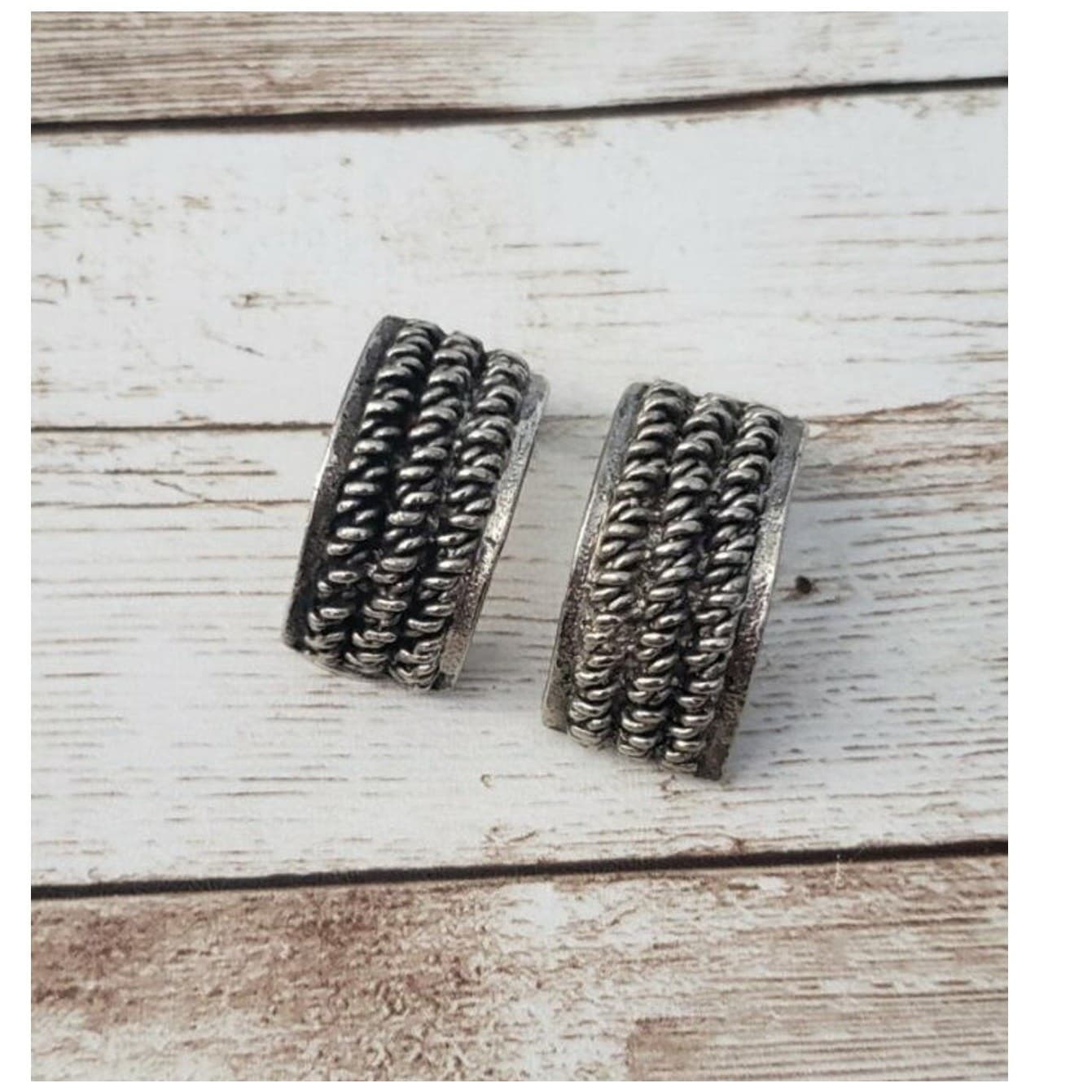 Vintage Clip On Earrings Dark Silver Tone Unusual Braided Pattern Half Hoops
